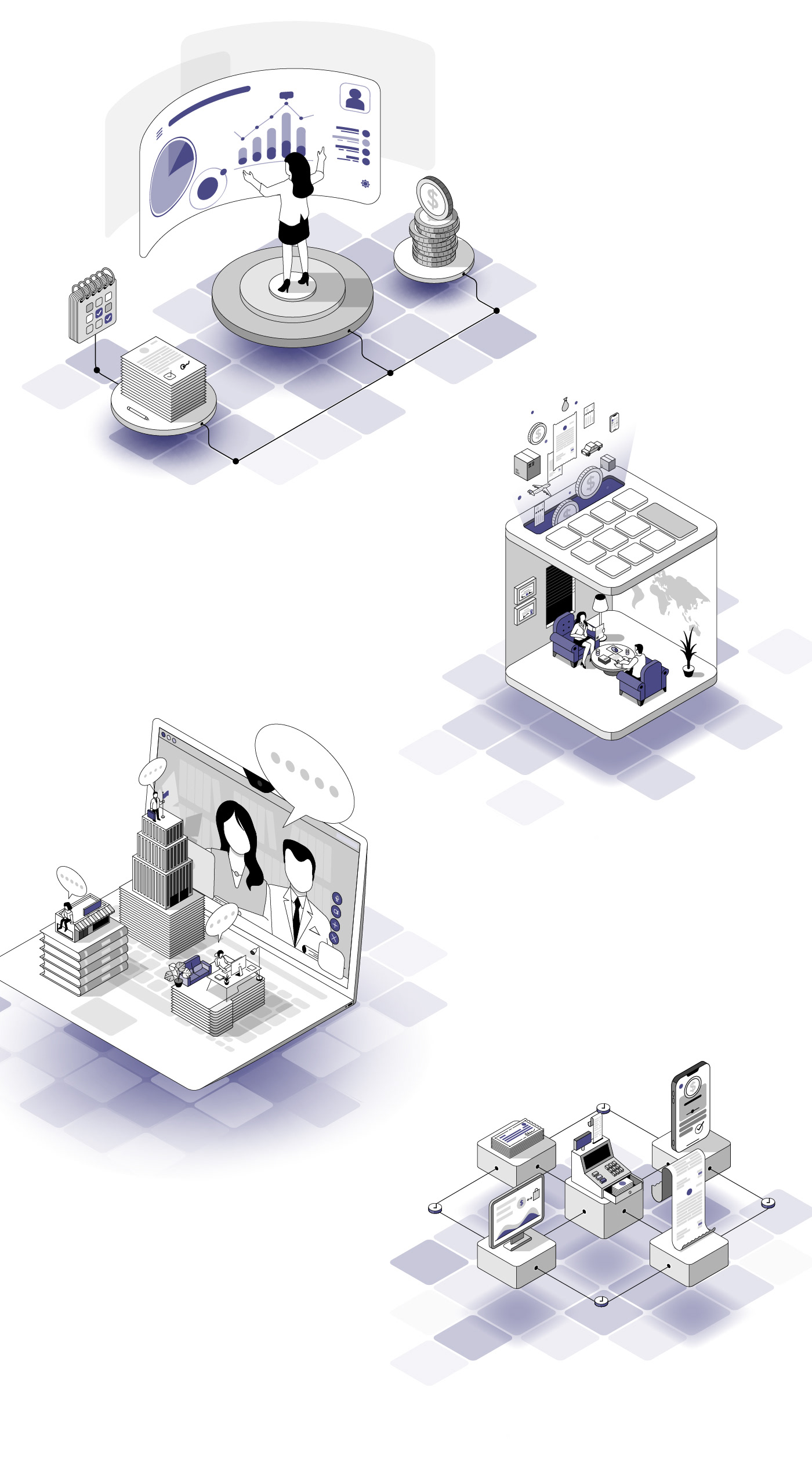 Isometric financial services illustration created for Daswani CPA firm website.