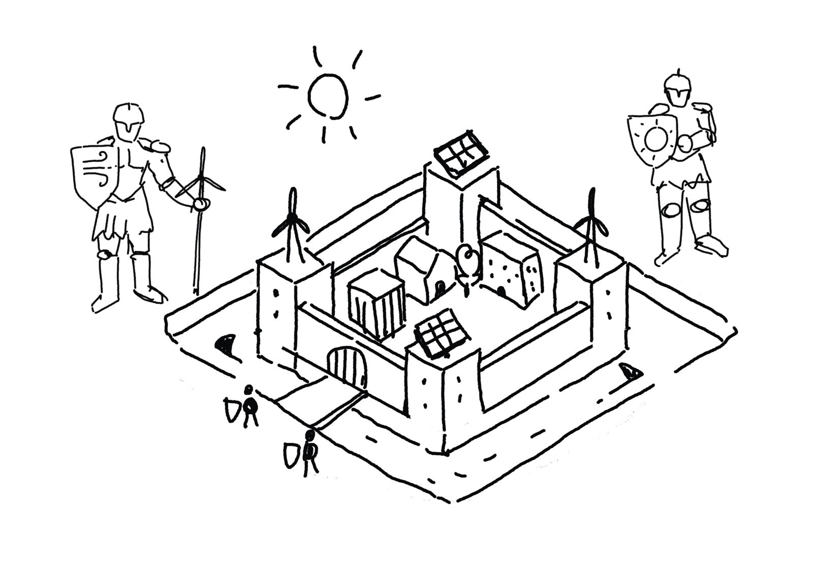 Hand-drawn concept sketch of a fortress city protected by wind and solar guardians holding shields