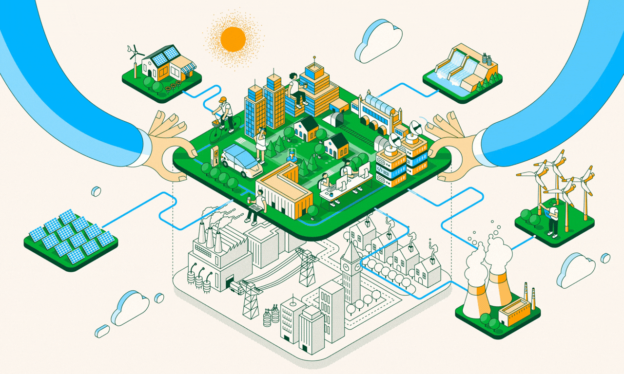 Isometric city illustration showing integrated energy systems and urban infrastructure.how does a greener power network actually work?