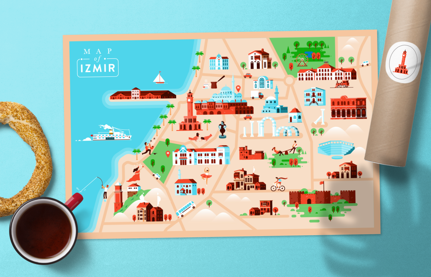 Illustrated map of Izmir’s historic Kemeraltı district and its landmarks.