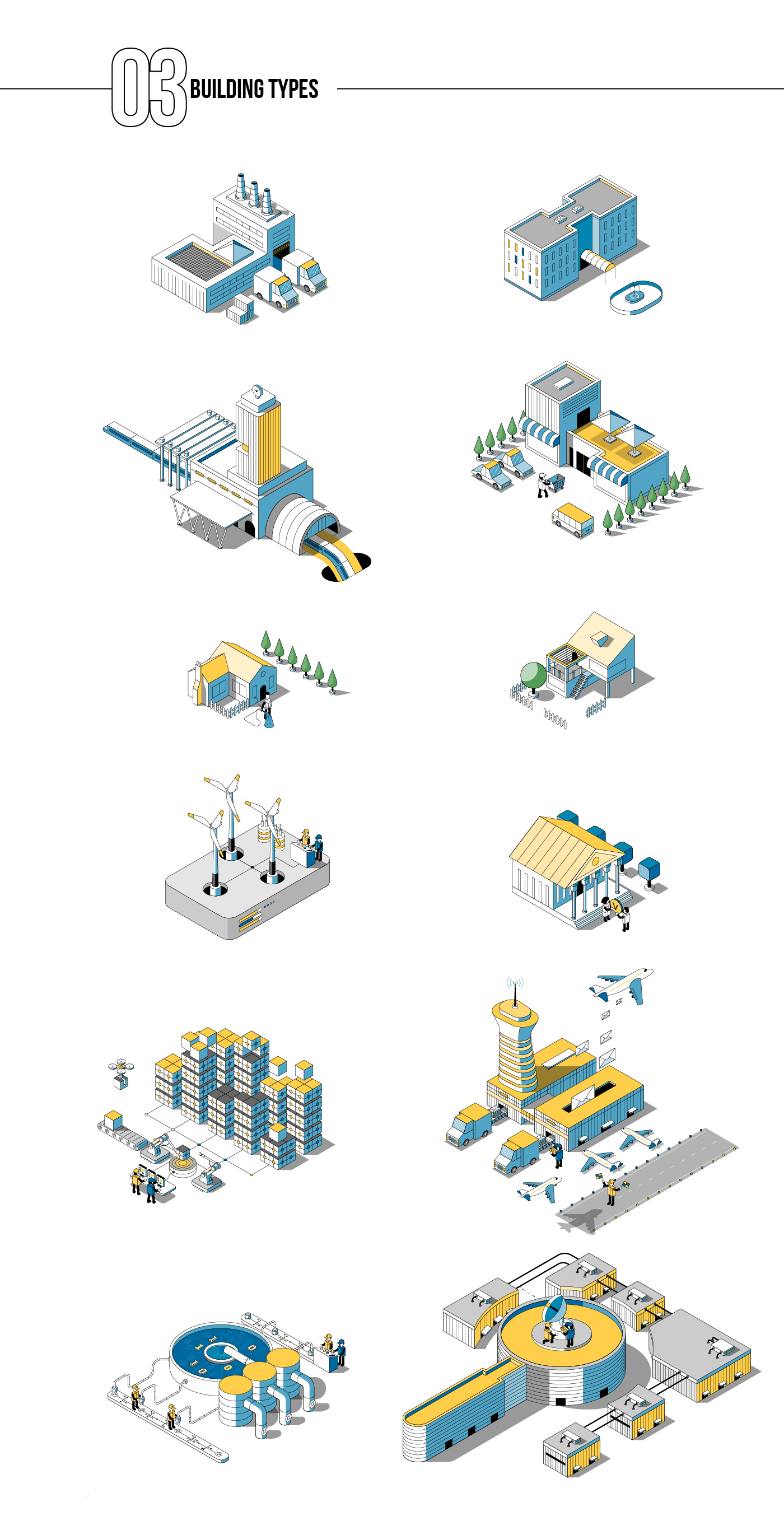 Isometric city illustration visualizing a SaaS business and social platform.