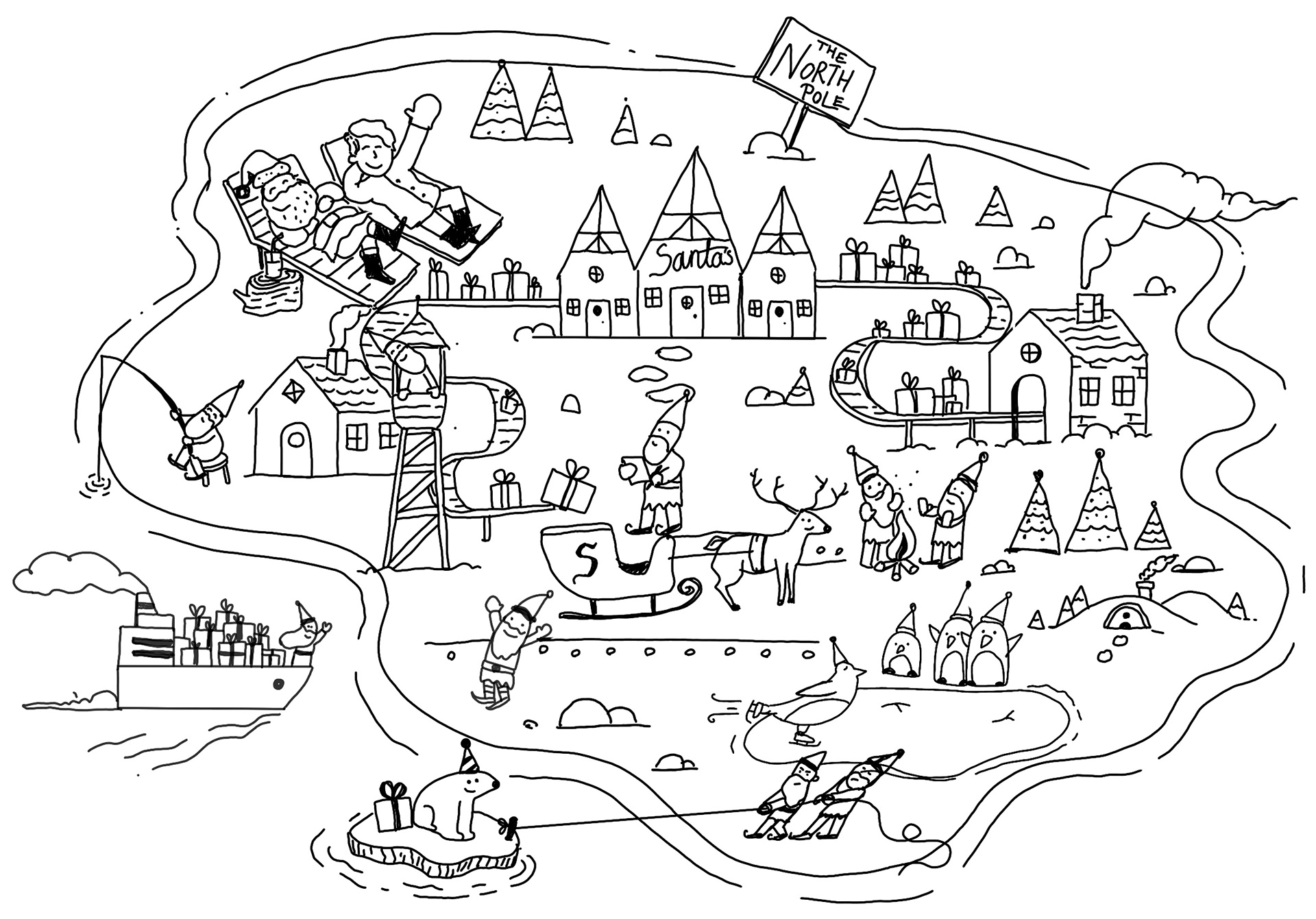 Illustrated winter landscape depicting a festive North Pole scene.