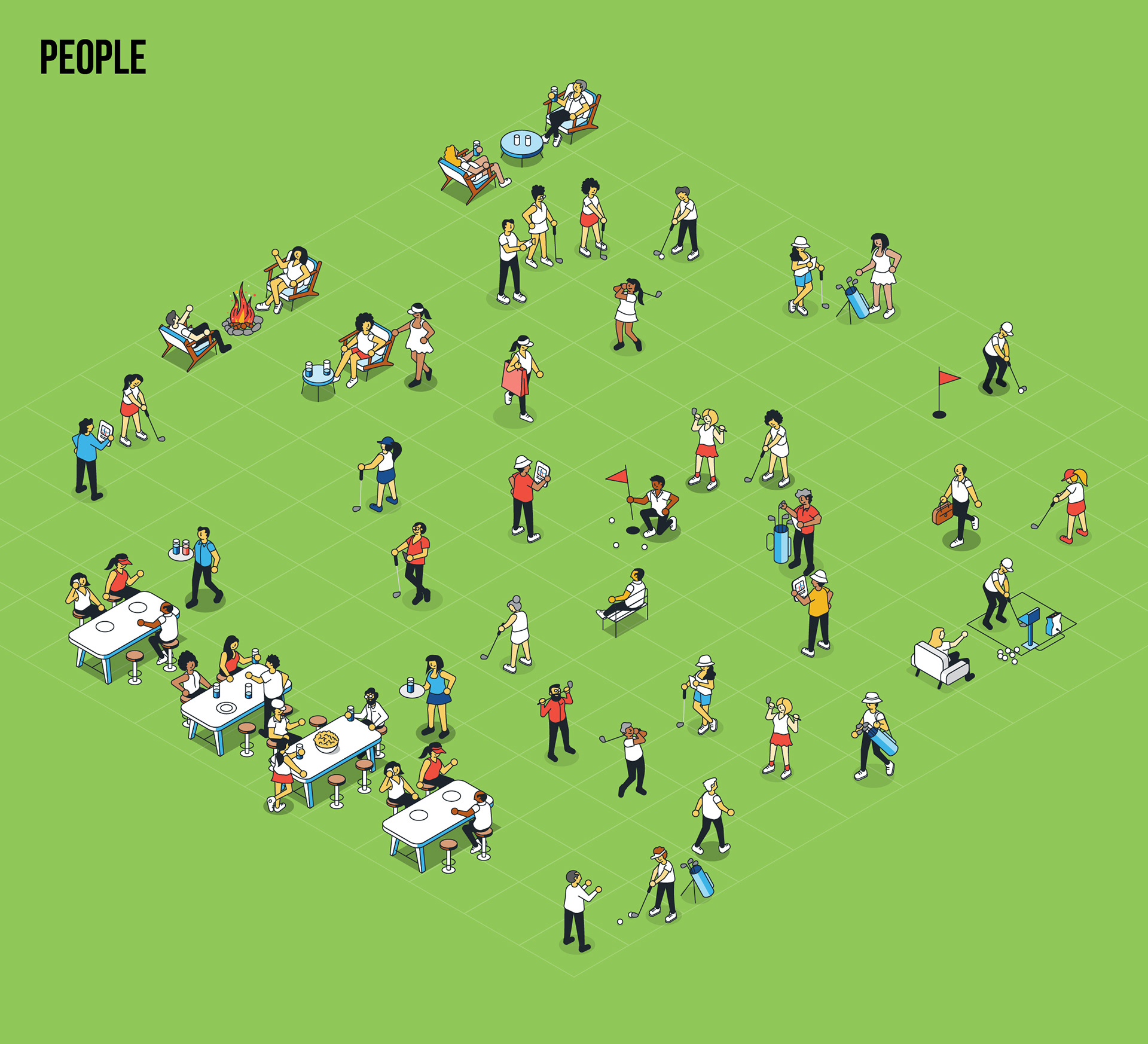 Isometric product ecosystem illustration for Topgolf Toptracer technology.