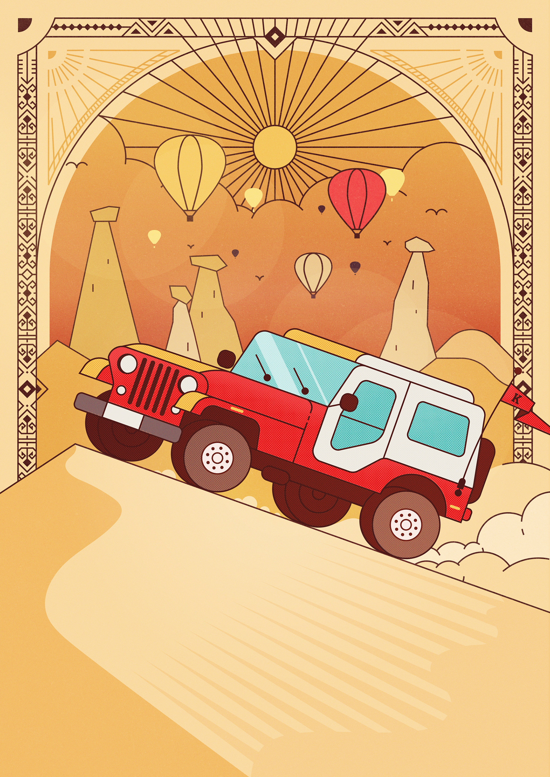 Illustrated poster inspired by the classic Jeep CJ6 off-road vehicle.