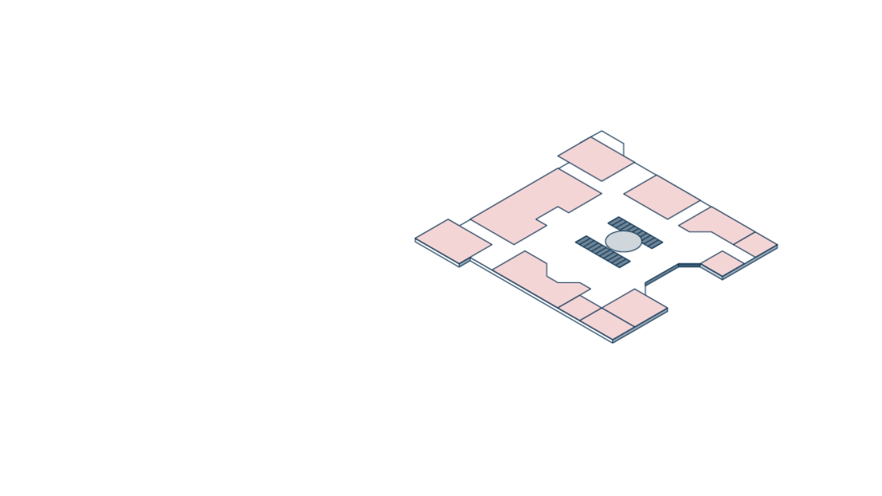 Isometric indoor mapping illustration visualizing a large venue navigation system for Venuex.