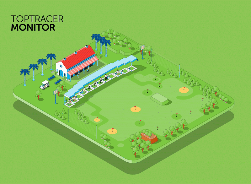 Isometric product ecosystem illustration for Topgolf Toptracer technology.