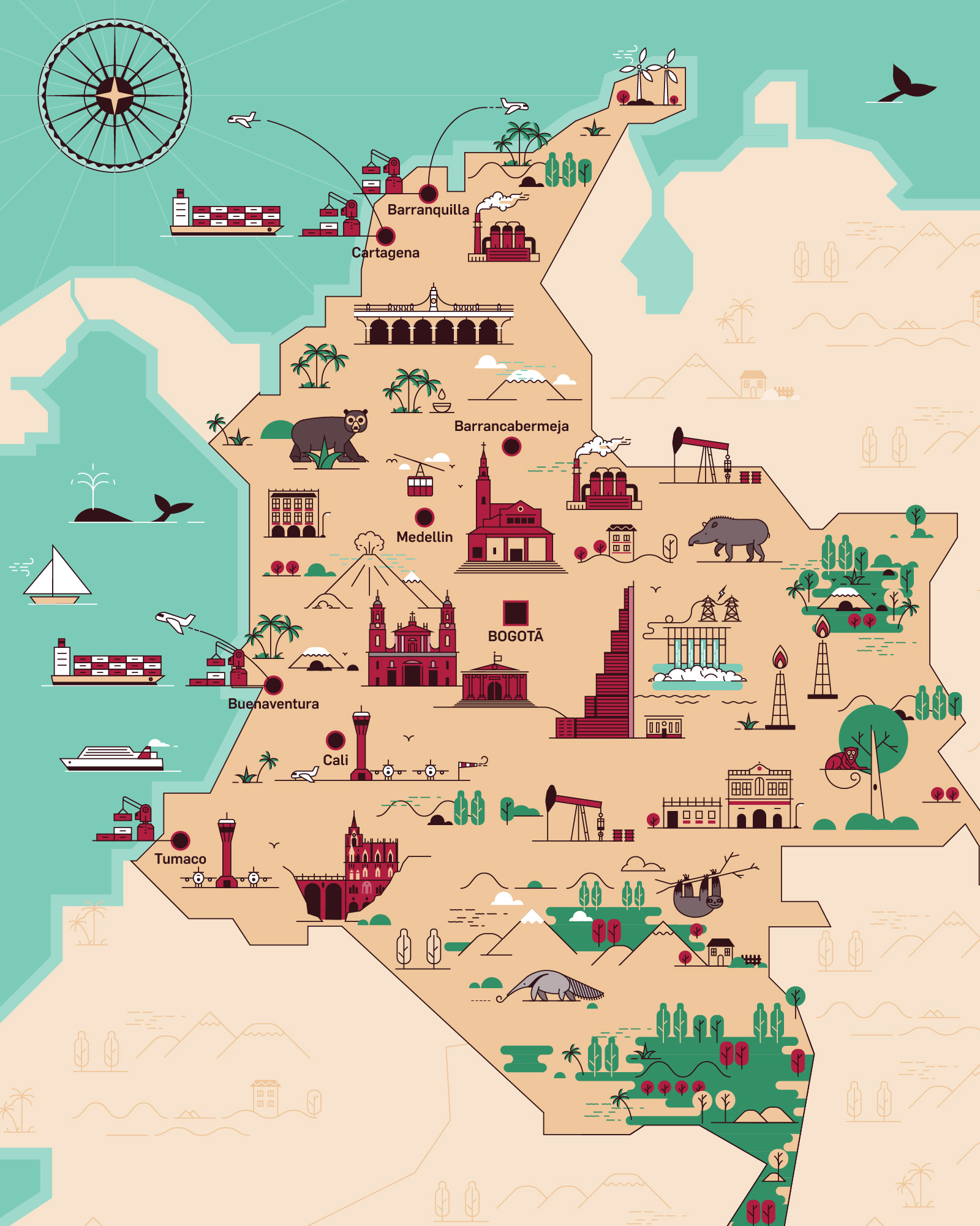 Illustrated country maps created for The Business Year magazine covers. Colombia map