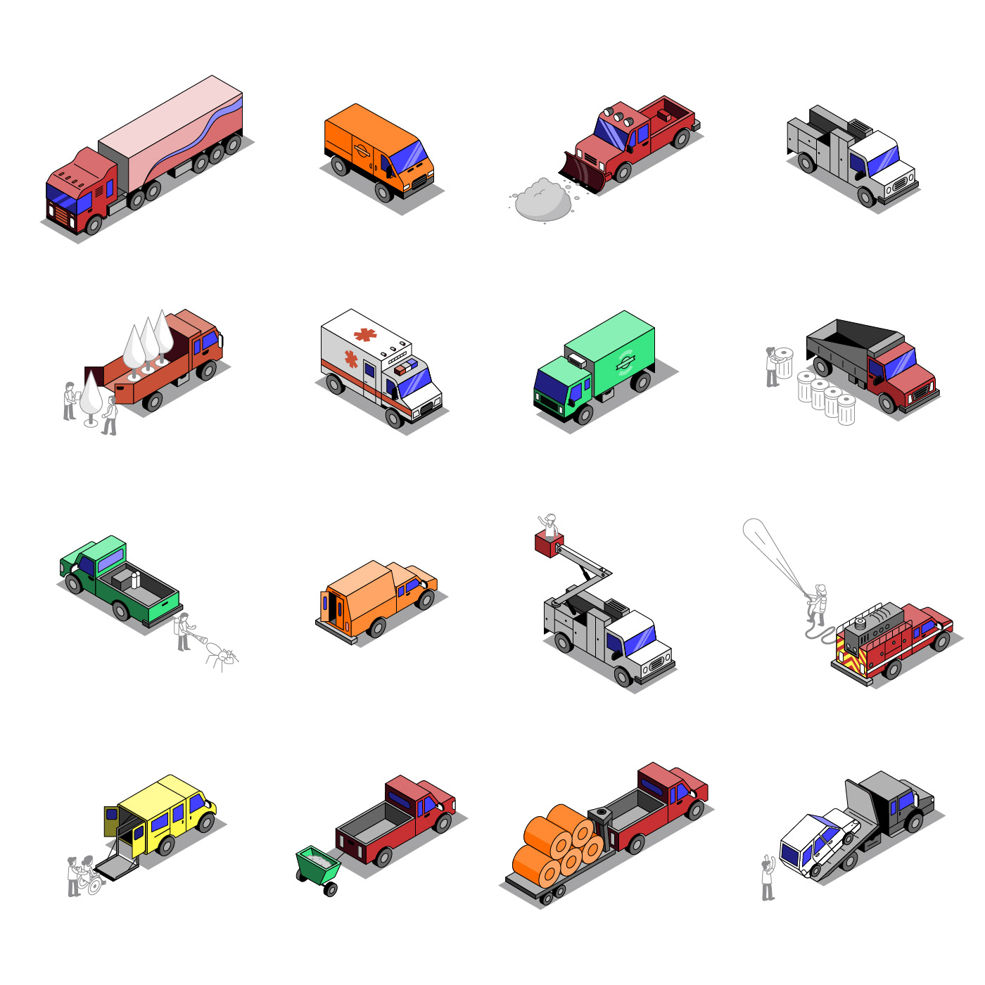 Isometric city illustration showcasing work-ready trucks for the Comvoy commercial vehicle marketplace.