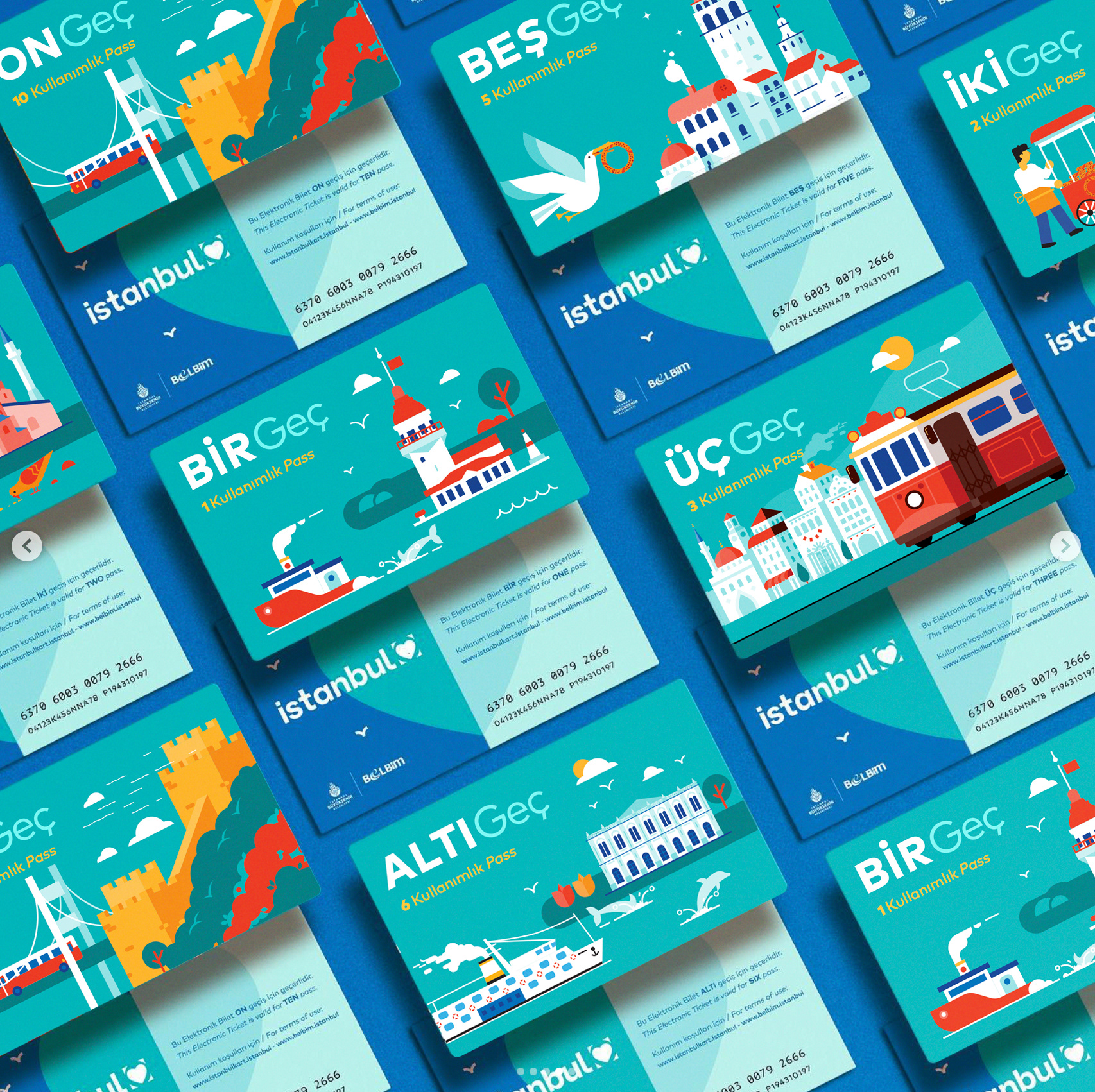 Illustrated icons of Istanbul landmarks designed for Istanbulkart public transport cards.