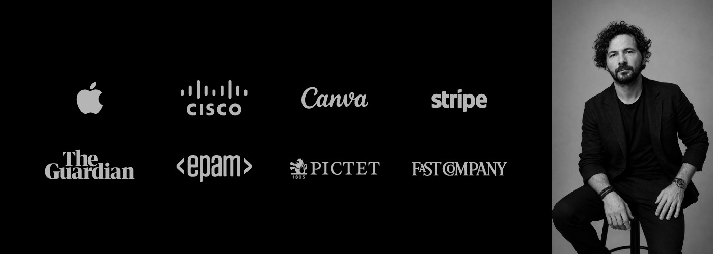 Portrait of illustrator Kürşat Ünsal beside logos of clients including Apple, Cisco, Canva, Stripe, The Guardian, EPAM, Pictet and Fast Company