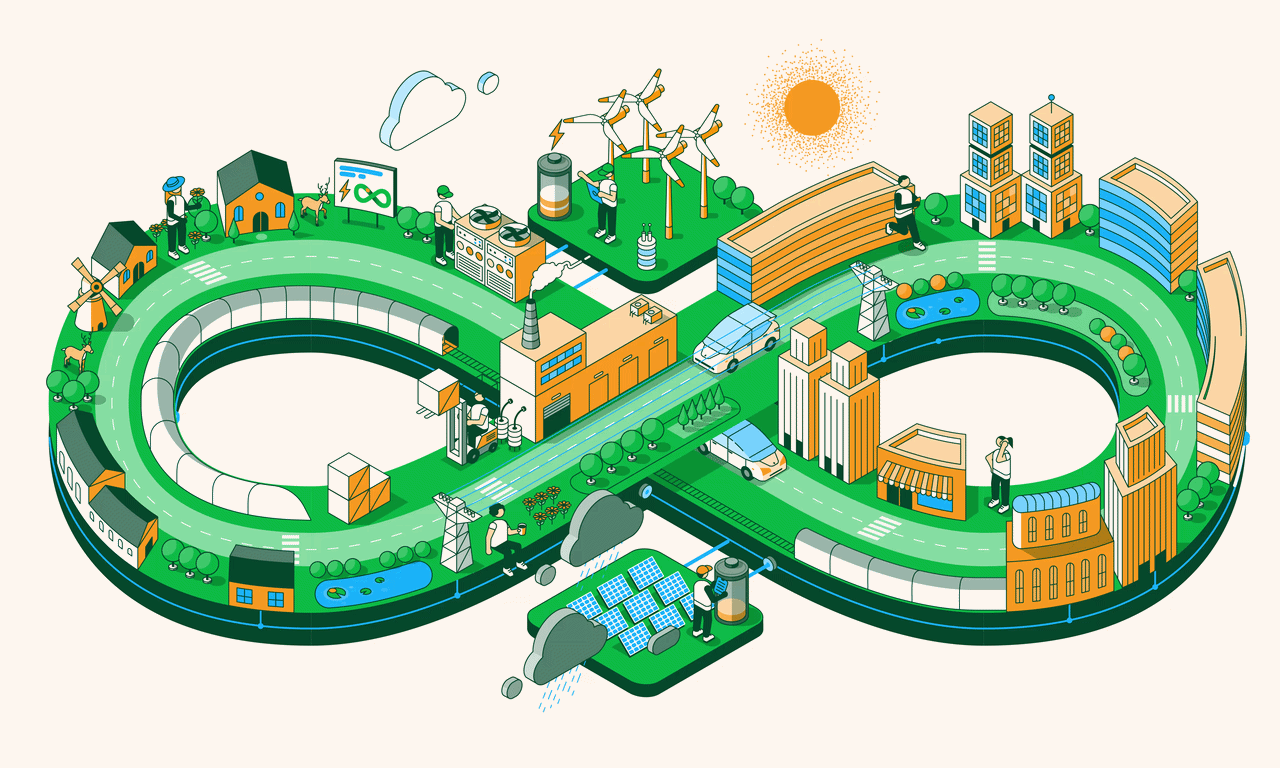 Isometric city illustration showing integrated energy systems and urban infrastructure. Regardless of the environment, the shift away from fossil fuels brings an array of additional upsides, from technological innovation and job creation, to energy security and national resilience