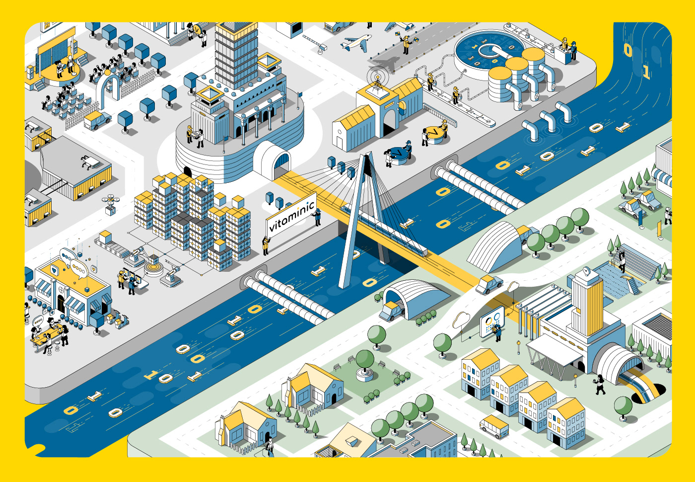 Isometric city illustration visualizing a SaaS business and social platform.