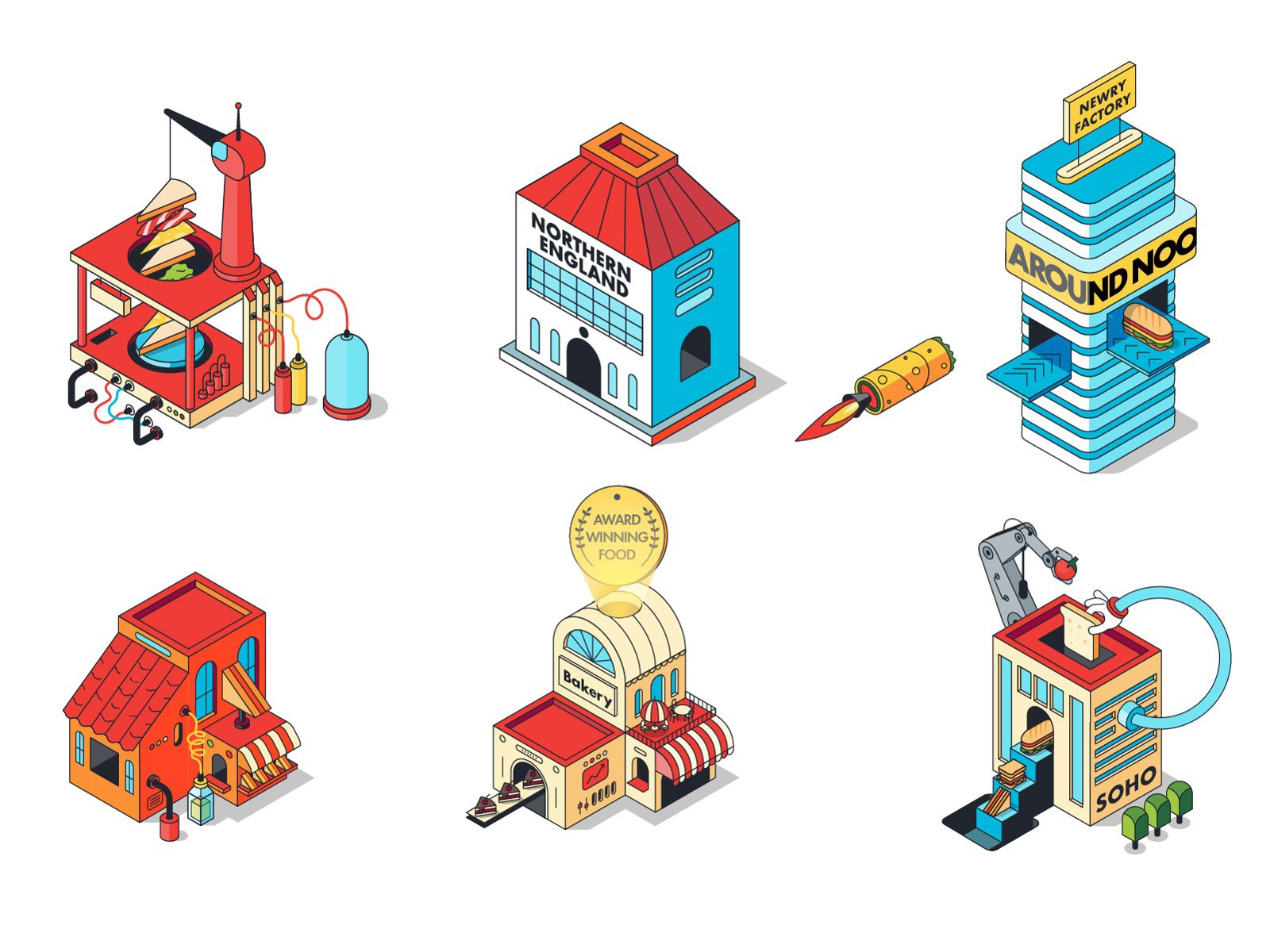 Six isometric vector buildings from the Around Noon world: a sandwich factory with a crane, a Northern England office, the Around Noon tower, a red-roofed house, the bakery and the Soho building
