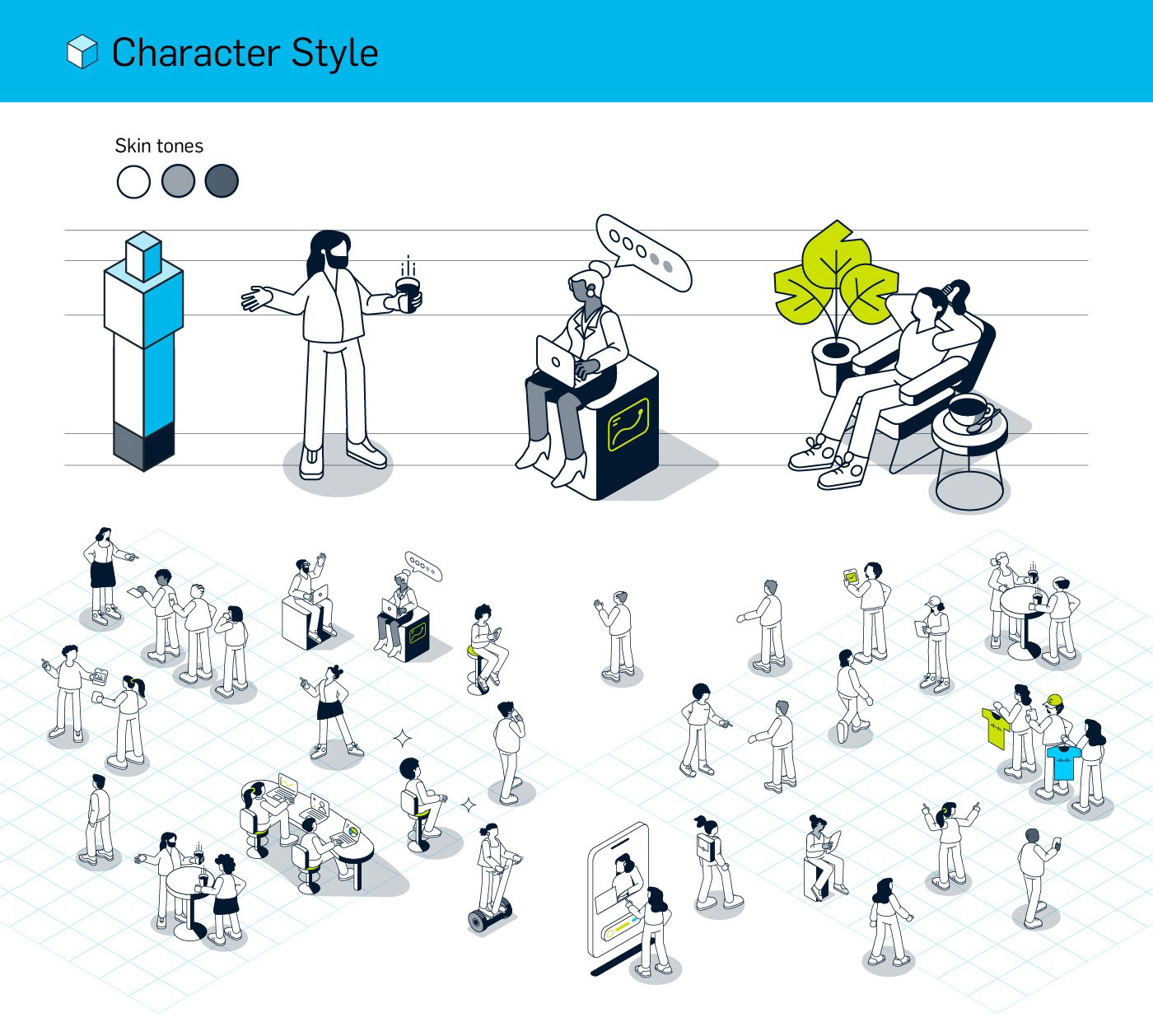Character style sheet for the Cisco GSX map showing isometric proportions, three skin tones and stylized people in different poses