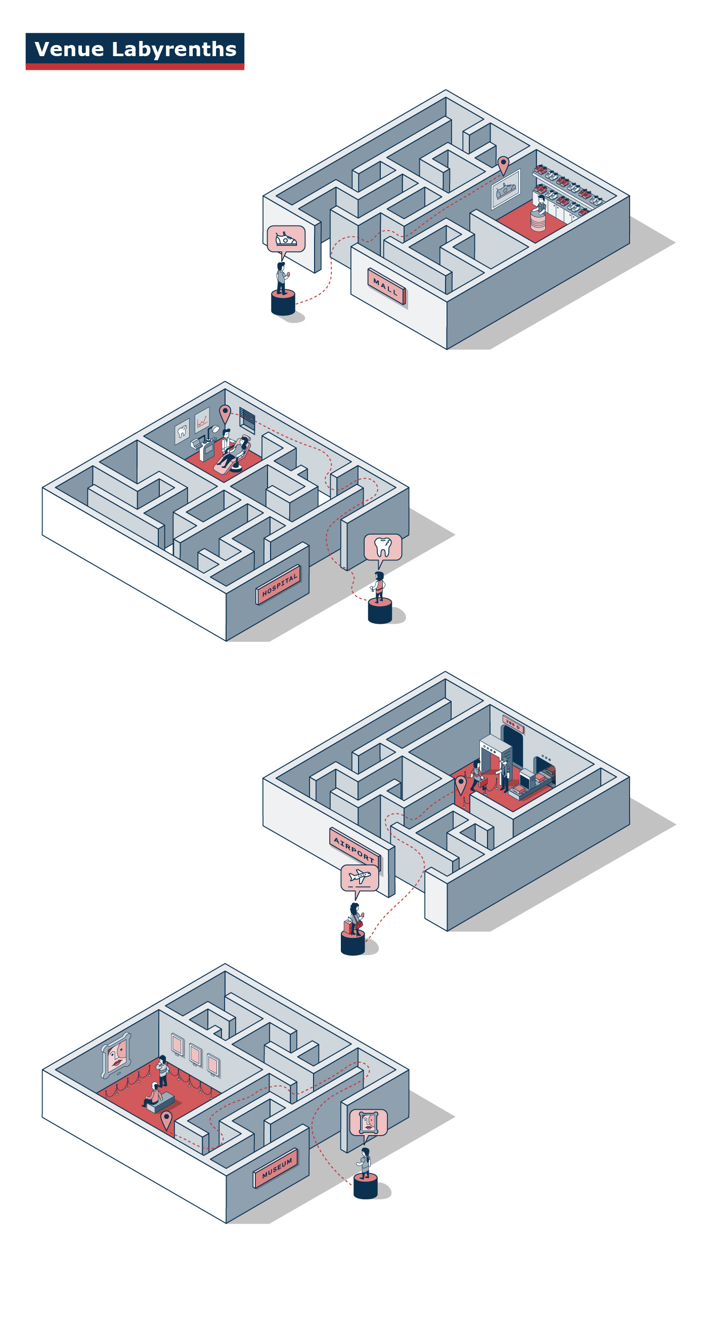 Isometric indoor mapping illustration visualizing a large venue navigation system for Venuex.