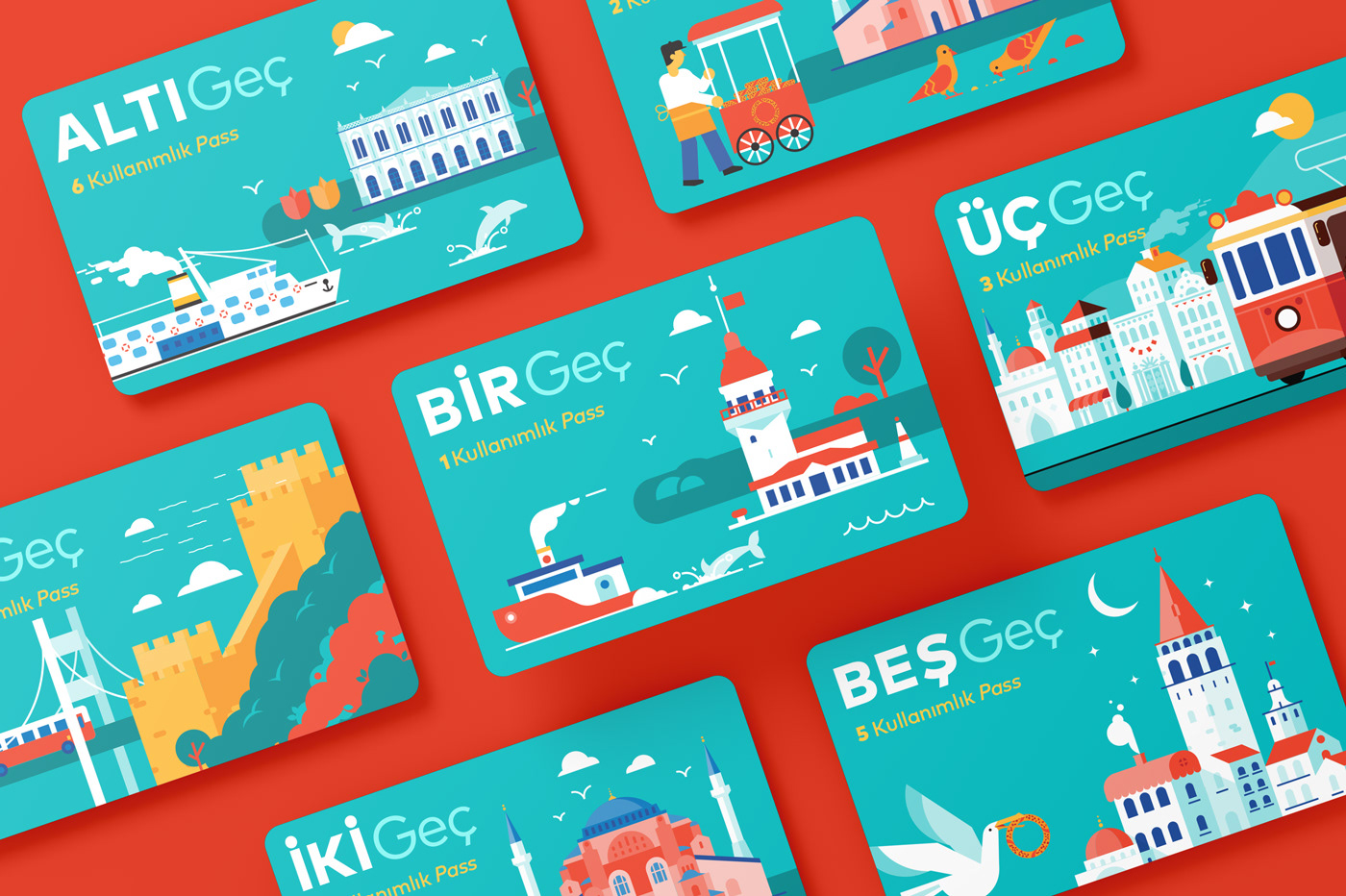 Illustrated icons of Istanbul landmarks designed for Istanbulkart public transport cards.