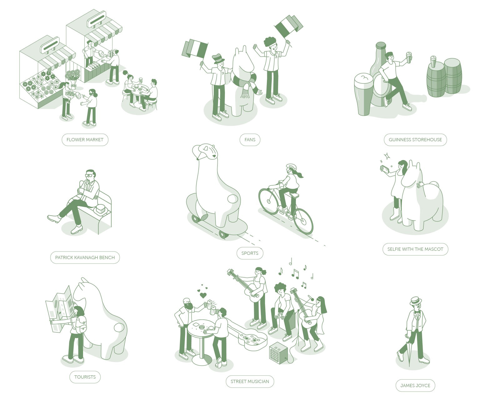 Isometric character sheet for the Dublin mural with street musicians, football fans, James Joyce, a flower market and hidden llamas
