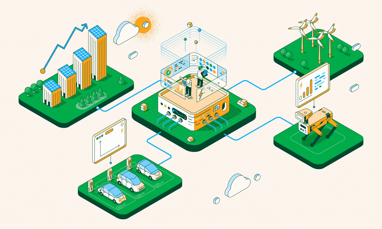 Isometric illustration visualizing AI-driven energy infrastructure and smart grid systems. How AI is transforming the electricity grid – and why robot dogs could have a role to play