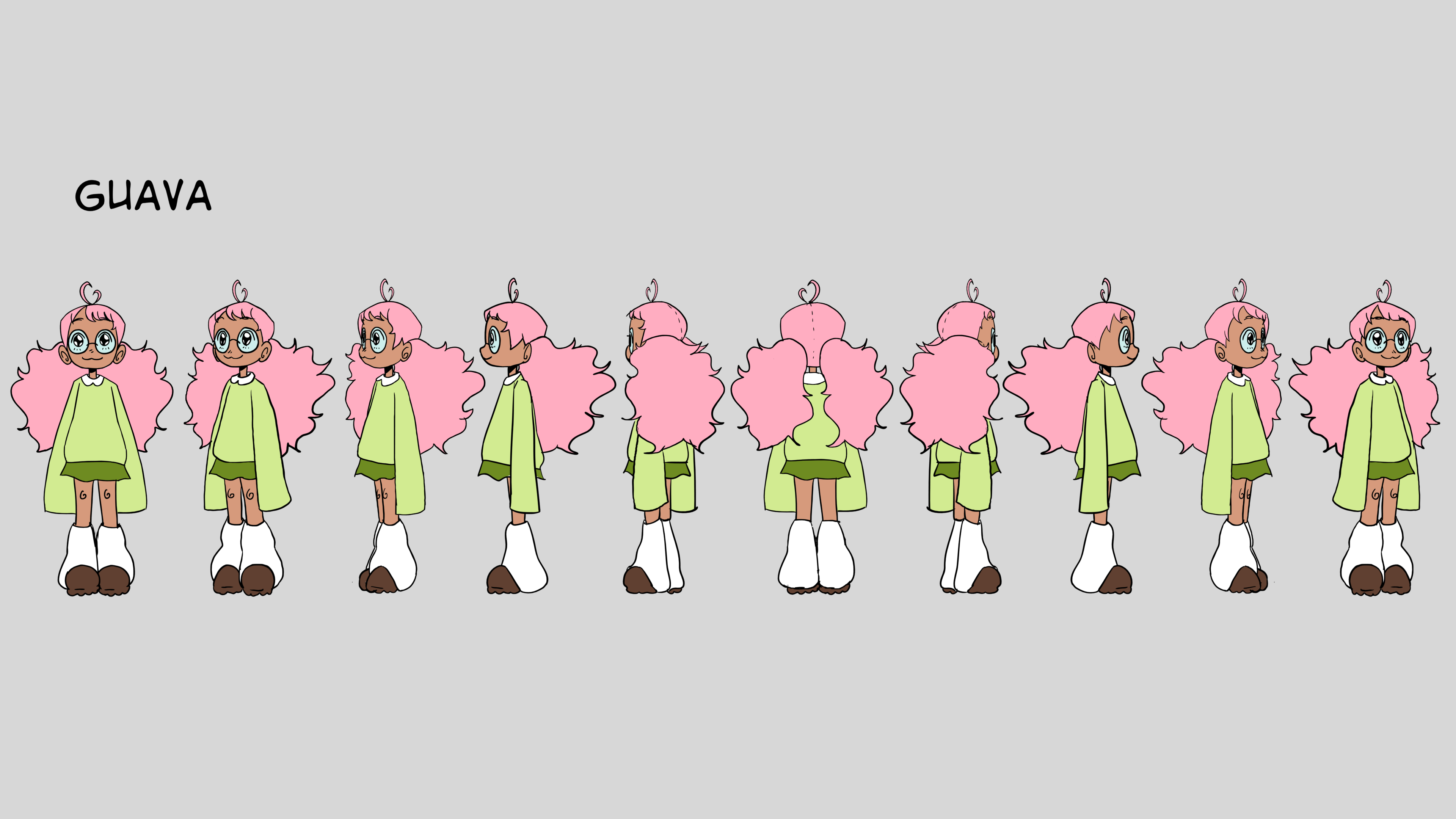 Guava is a Latina character whose color palette is inspired by the guava fruit. Her hair is designed to have a letter "G" in it. While she is wearing her glasses, Guava's eyes must always be inside of the lens, even from the side. This is to avoid too many extra lines to her side profile. The items she is featured with make appearances in the storyboard. 