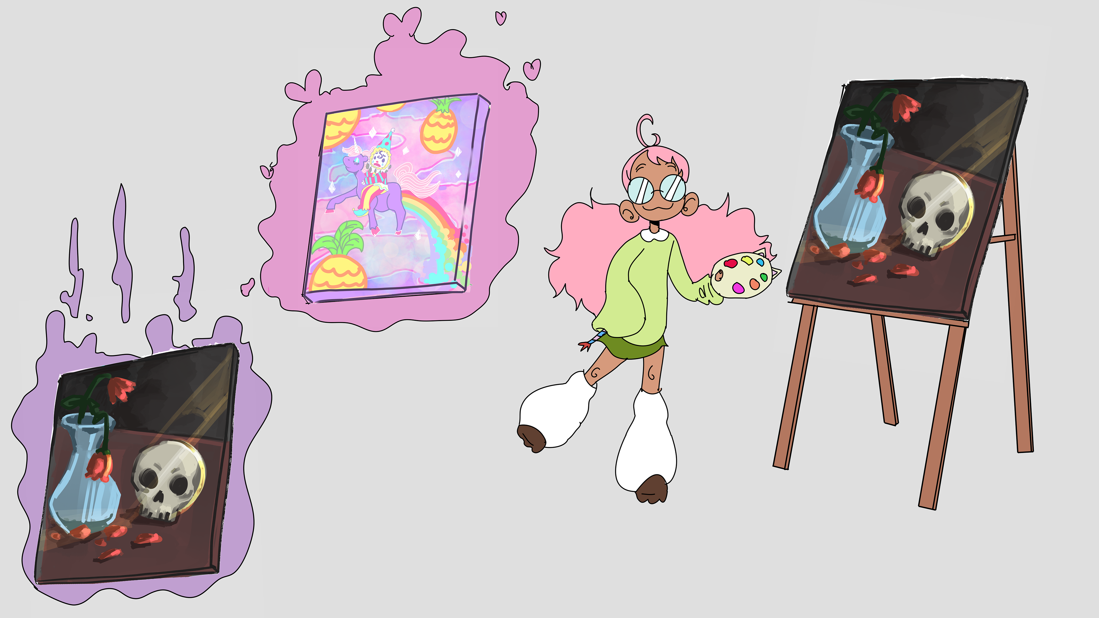 Guava is a Latina character whose color palette is inspired by the guava fruit. Her hair is designed to have a letter "G" in it. While she is wearing her glasses, Guava's eyes must always be inside of the lens, even from the side. This is to avoid too many extra lines to her side profile. The items she is featured with make appearances in the storyboard. 