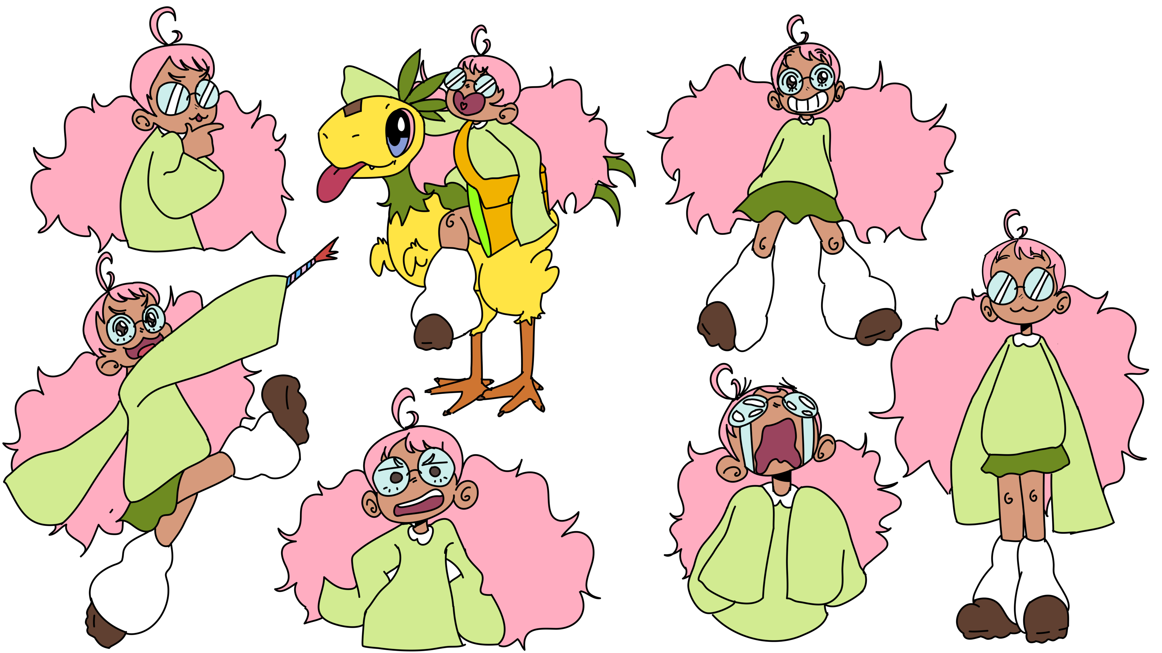 Guava is a Latina character whose color palette is inspired by the guava fruit. Her hair is designed to have a letter "G" in it. While she is wearing her glasses, Guava's eyes must always be inside of the lens, even from the side. This is to avoid too many extra lines to her side profile. The items she is featured with make appearances in the storyboard. 