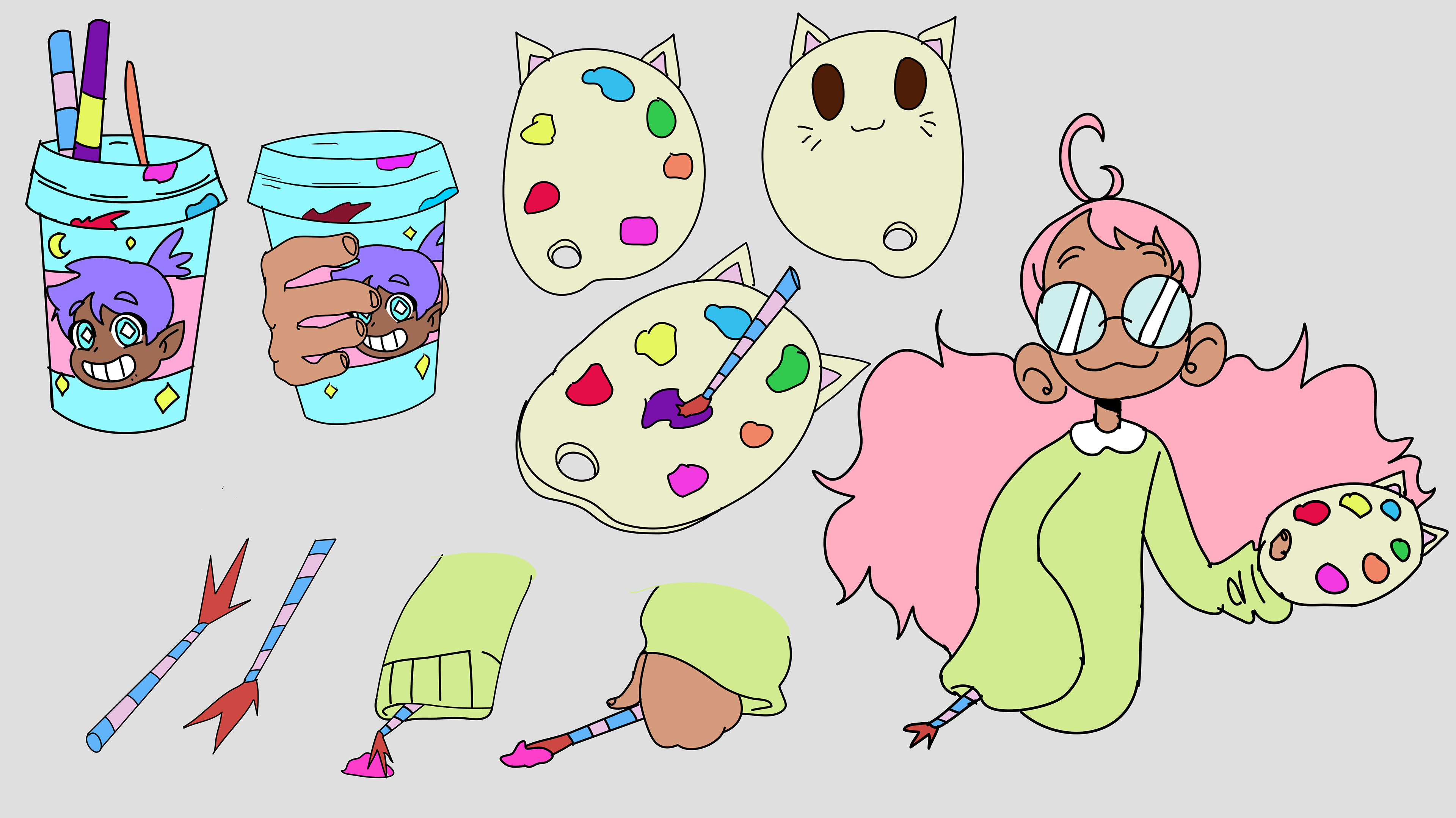 Guava is a Latina character whose color palette is inspired by the guava fruit. Her hair is designed to have a letter "G" in it. While she is wearing her glasses, Guava's eyes must always be inside of the lens, even from the side. This is to avoid too many extra lines to her side profile. The items she is featured with make appearances in the storyboard. 