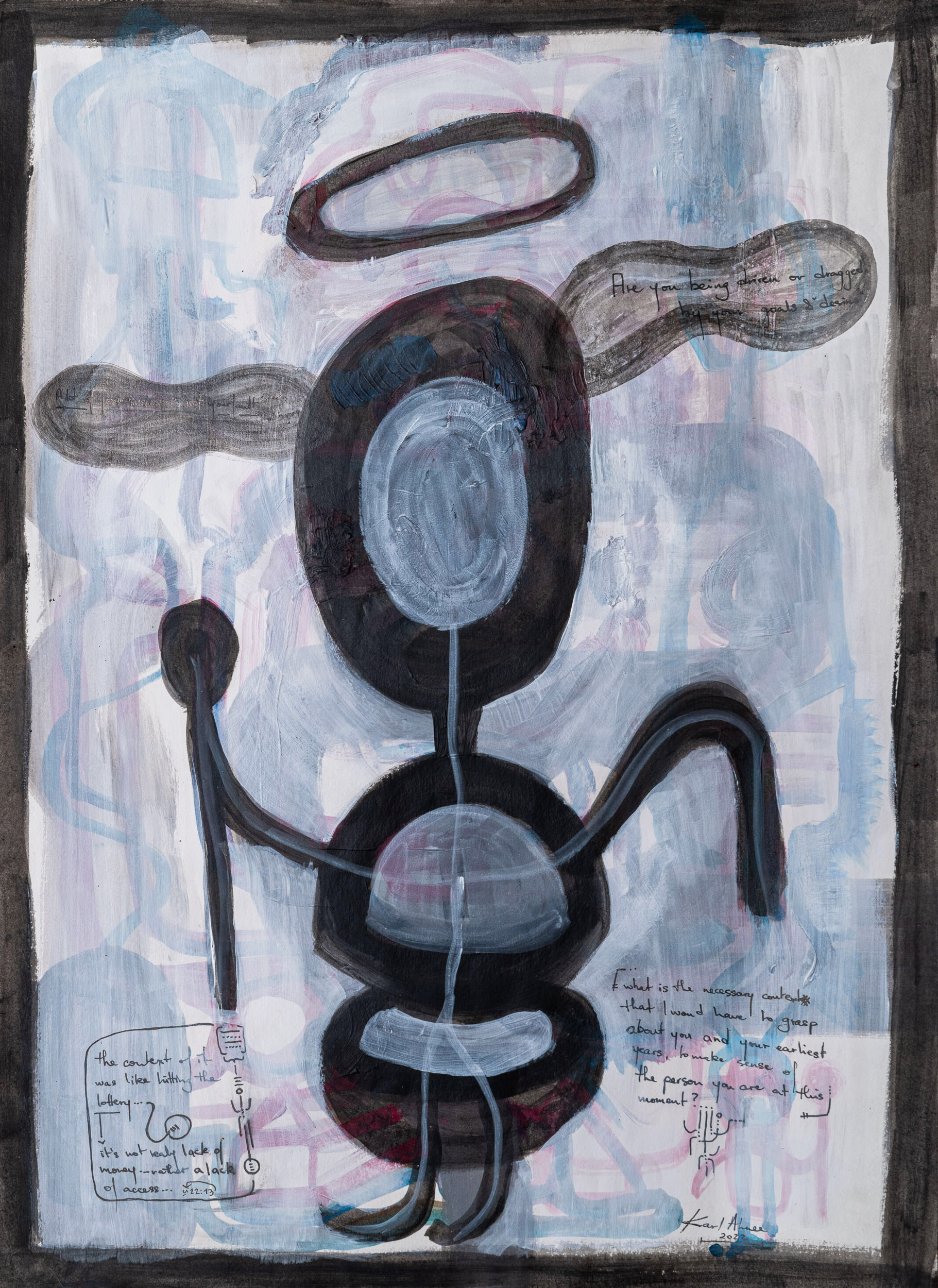 The shadow and the skeleton - 40cm x 29,5cm,⁠ 2022 Mixed Technique on Paper [...What is the necessary context that I would have to grasp about you and your earliest years, to make sens of the person you are at this moment?...]  The Skeleton was asking to the Shadow.⁠ ⁠ The Shadow is a testament to the complexities that reside within each individual. It encapsulates suppressed emotions, hidden desires, and unexplored aspects of the self... the multitude of identities that coexist within the human mind.⁠ Contrasting with the enigmatic shadow, the skeleton emerges as a structural foundation. It is a stark reminder of the inevitability of mortality and the commonality of our human framework. This bony structure represents the universal human experience, reminding us of our shared humanity and vulnerability.⁠