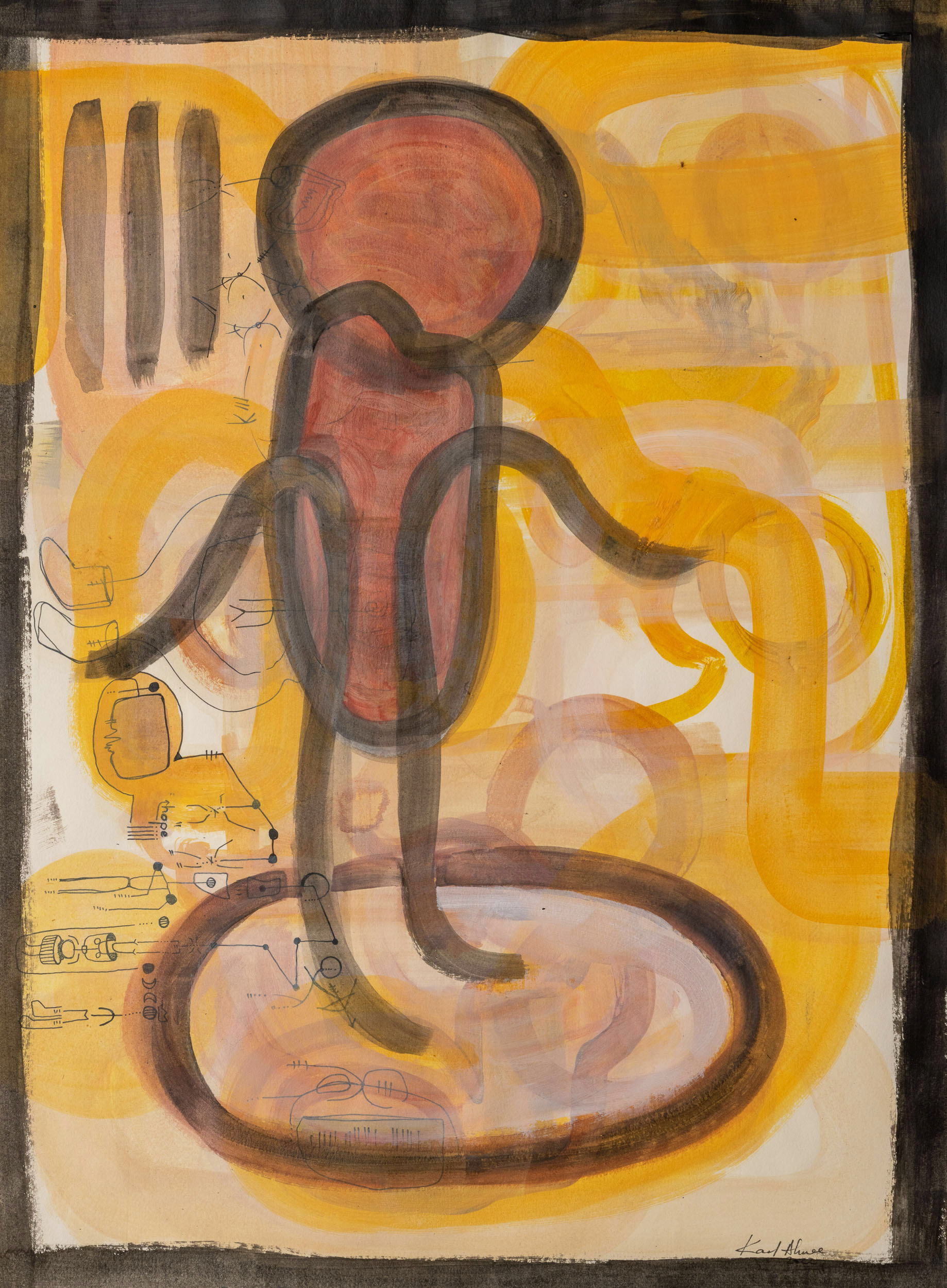 The Drifter - 40cm x 29,5cm,⁠ 2022 - SOLD Mixed Technique on Paper​​​​​​​  Floating above a multi-dimensional portal, travelling both physically and mentaly. Adapting to certain environments and escaping from others.