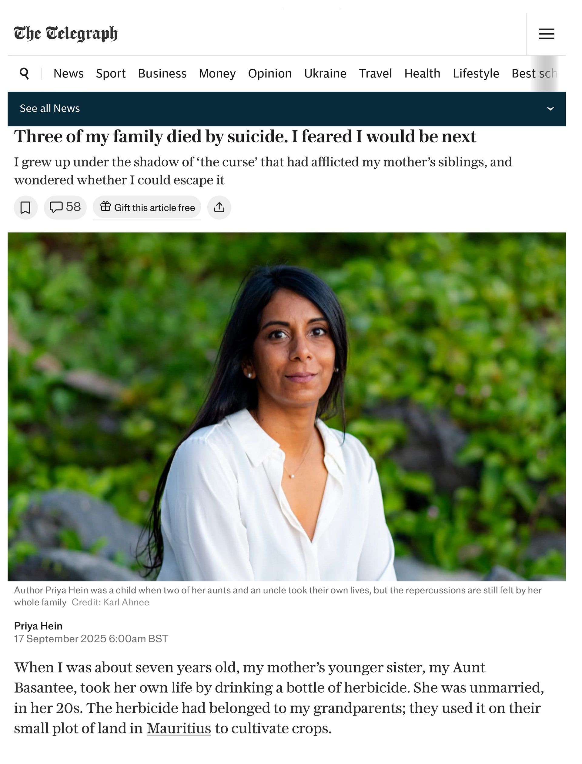 Portrait de l'écrivaine Priya Hein - The Telegraph. Tamarin, Maurice 2025 