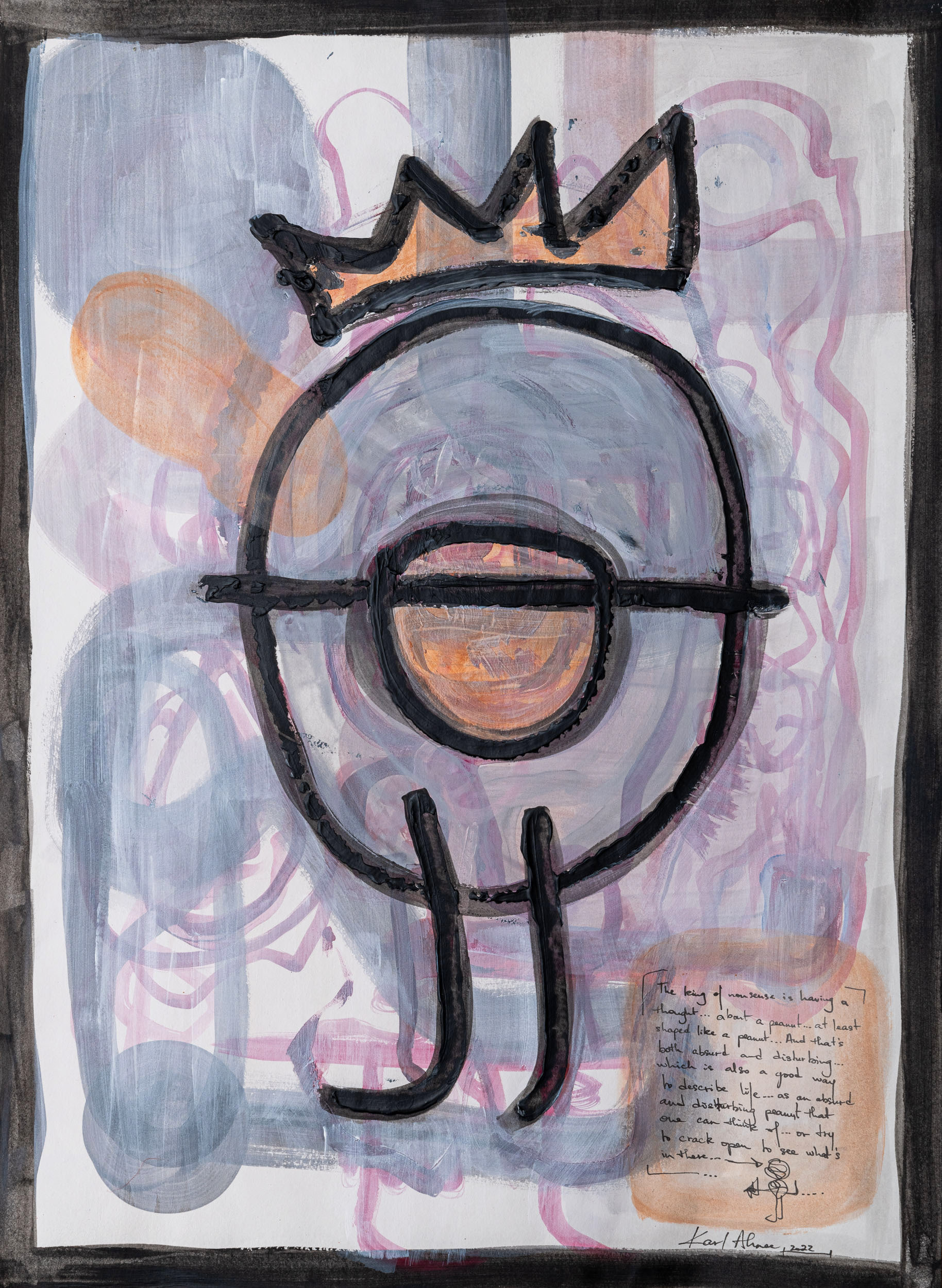 The King of Nonsense - 40cm x 29,5cm,⁠ 2022  Mixed Technique on Paper  A one-eyed king pondering the absurdity of existence. ⁠We sometime go through life with limited vision yet believing we know where we want to go. Embracing the disturbing nature of life often requires a leap of faith, just so we can welcome new possibilities.⁠  In essence, the metaphor highlights the importance of humility, curiosity, and adaptability in our journey through life. Recognizing our limitations and accepting the absurdity of existence can lead us to a deeper appreciation of the complexity of the world and the interconnectedness of all things. It encourages us to be receptive to change and growth, enabling us to welcome new opportunities and perspectives that might have been previously hidden from view. ⁠