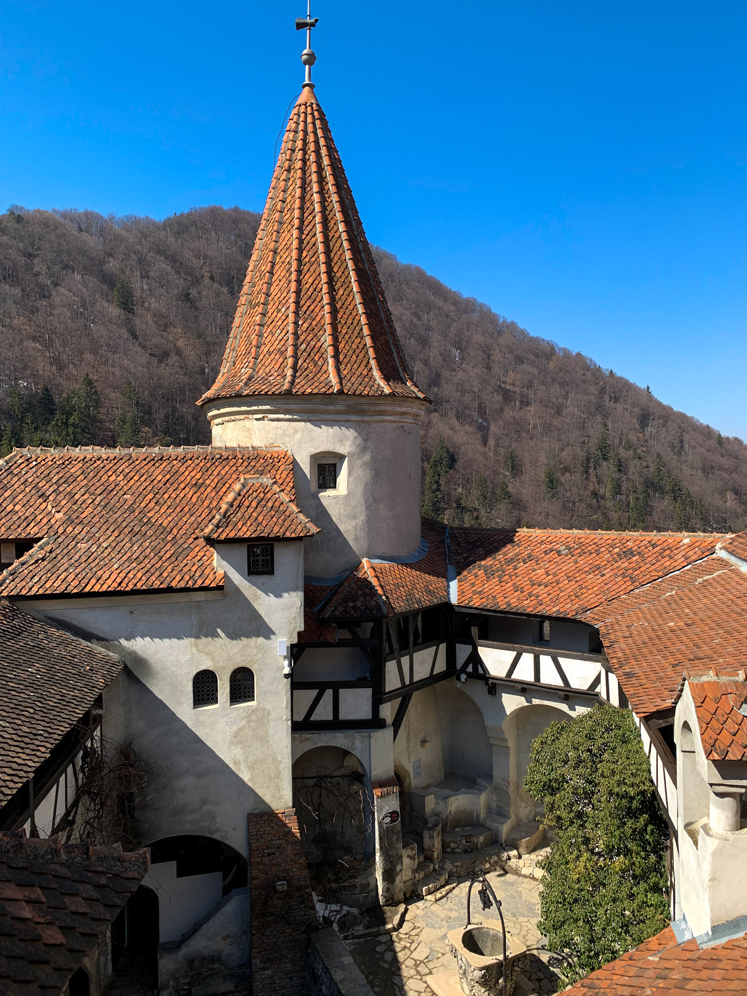 View of Bran Castle tower from the courtyard
