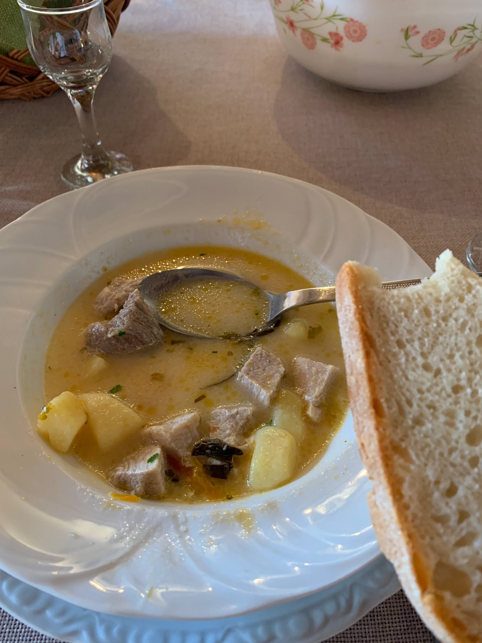 We had lunch at a local family. This is ciorba / soup with pork and potatoes with bread.