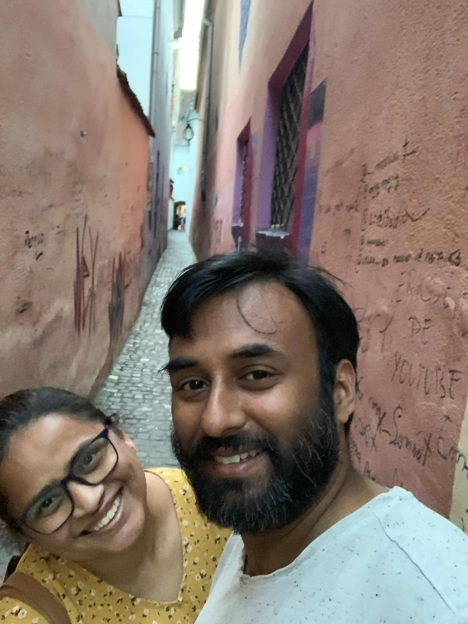 Strada Sforii, one of the narrowest streets. Sadly heavily defaced by idiots