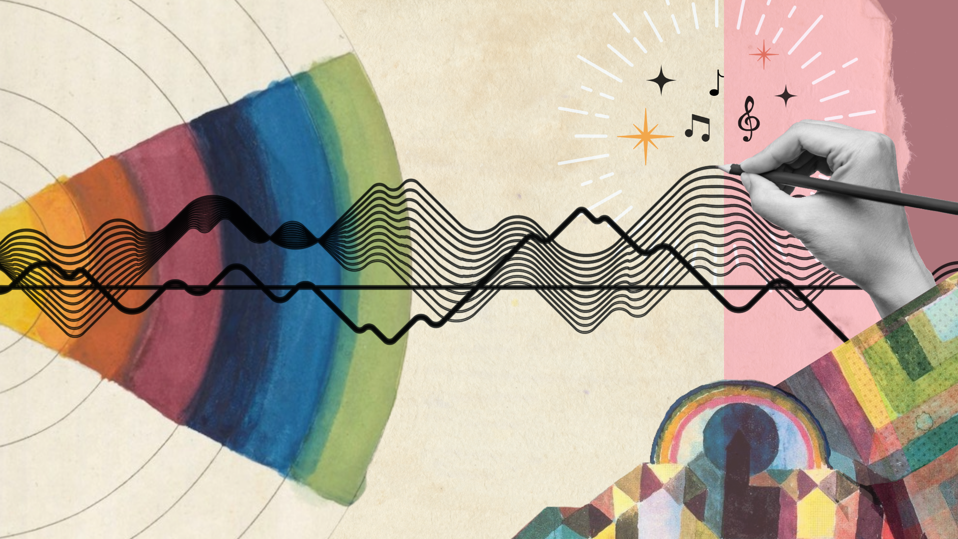 Digital collage of hand drawing an audio wave, with multiple colors emanating from left side of image.