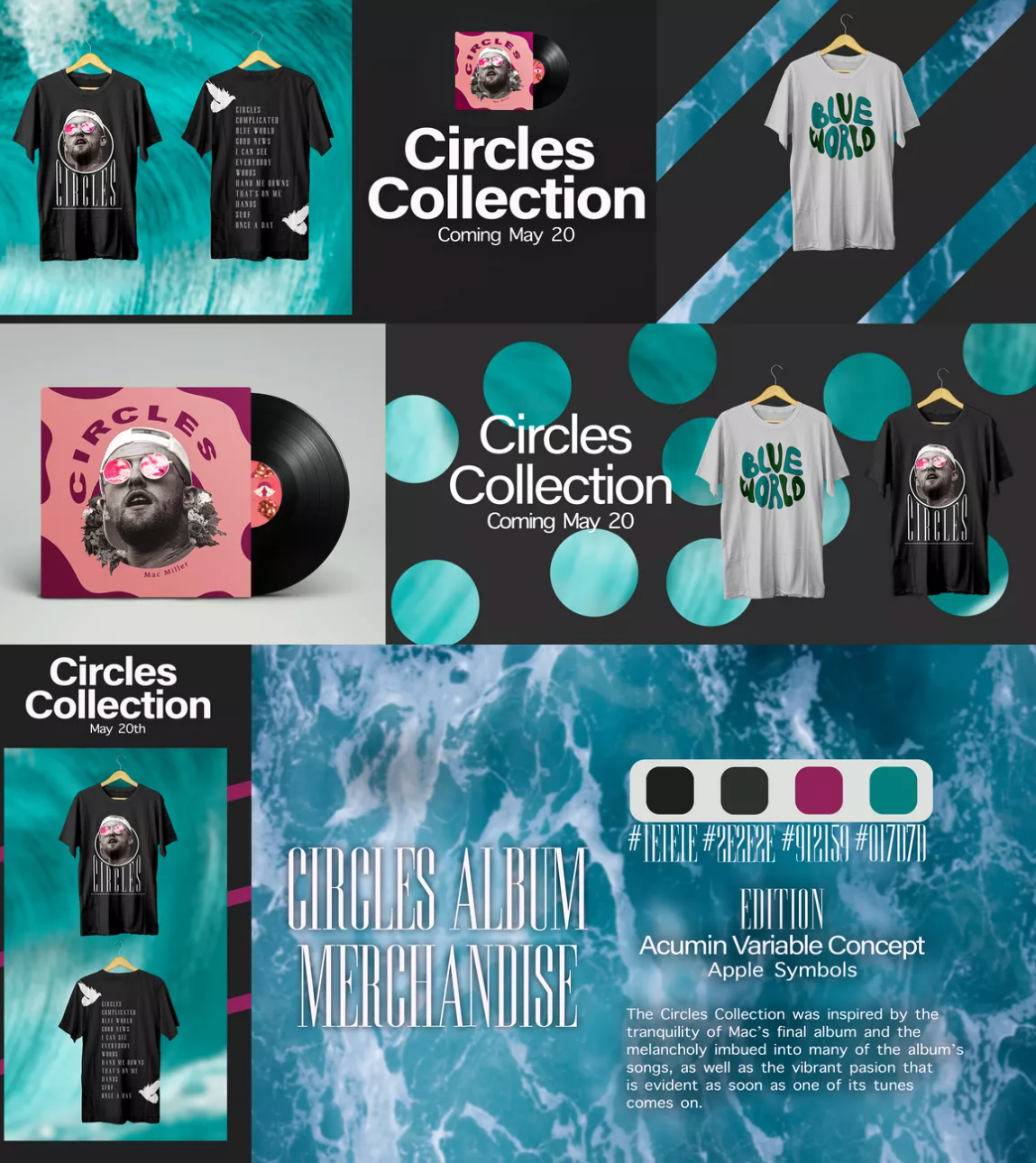 Mac Miller Circles Personal Project. This project was completed for a 2D design class and features a mock album cover, two shirt designs, and a selection of mock advertisements for the collection. Made using Photoshop and Illustrator.