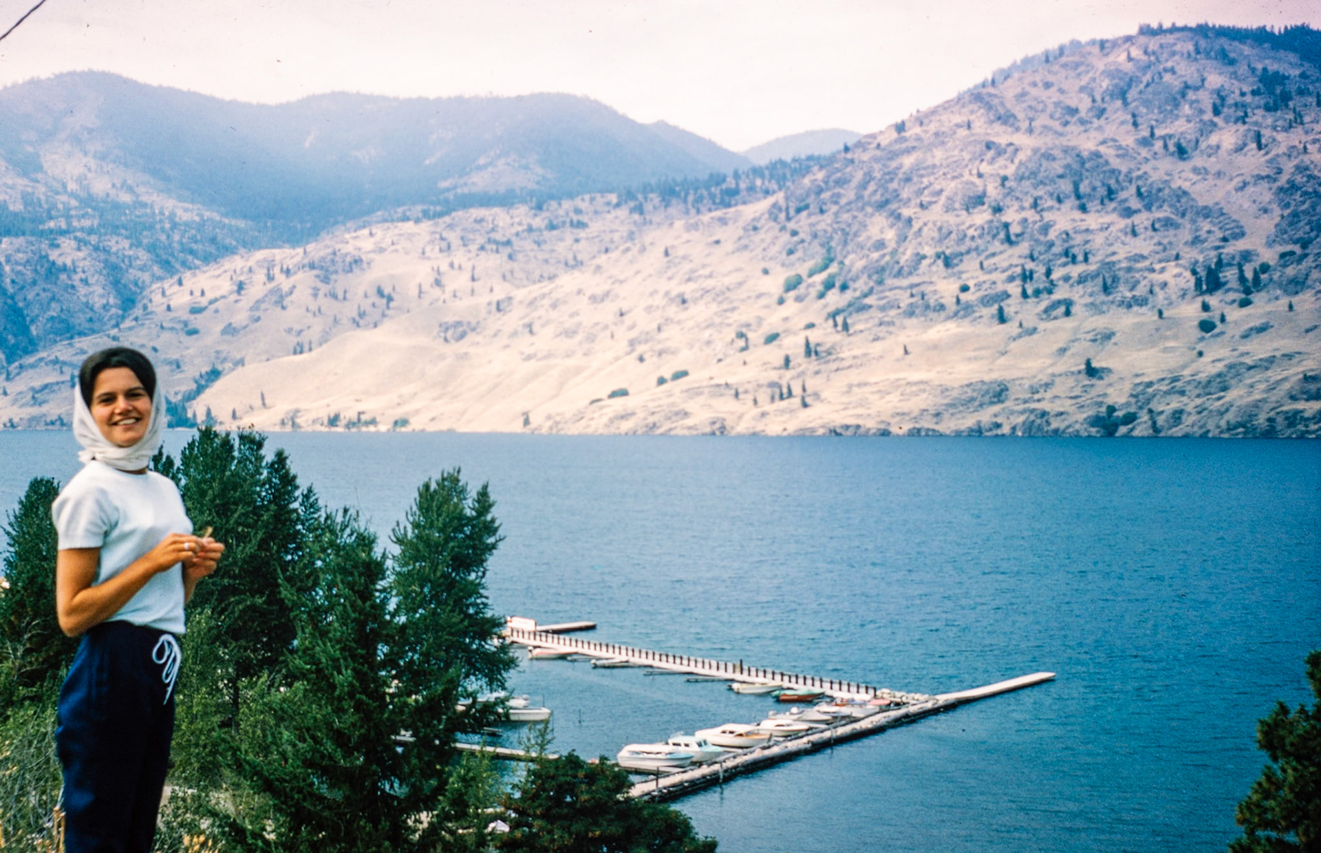 Agnes looking out over a bright Lake Chelan.