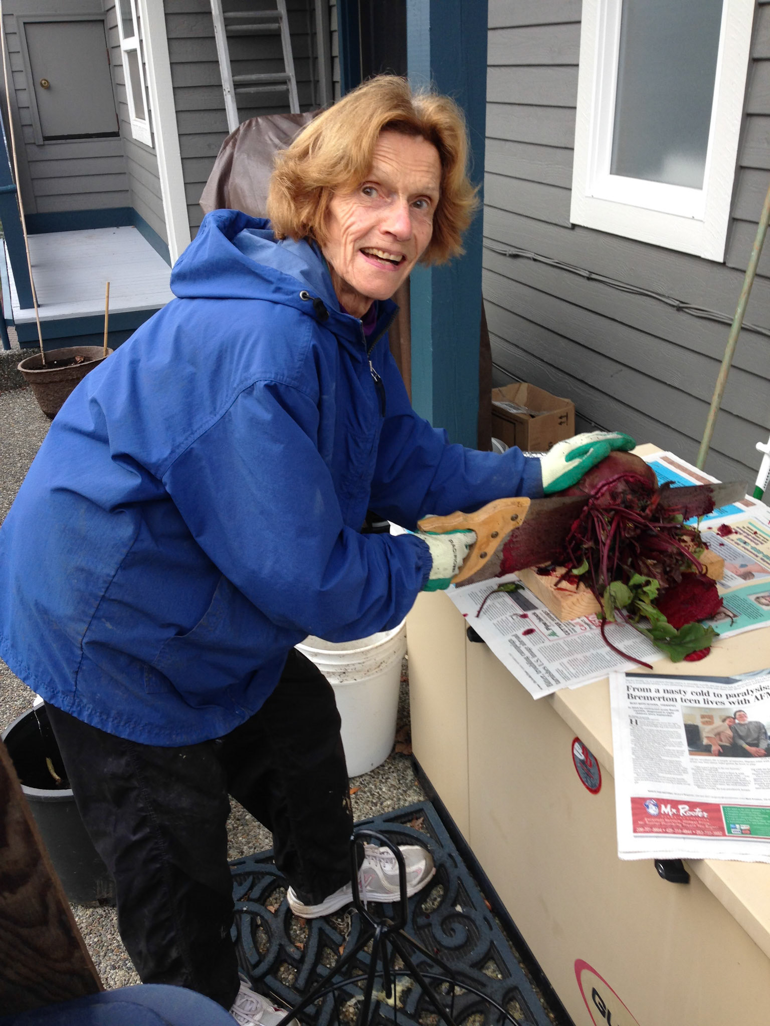 Agnes in action, prepping garden beets with care.