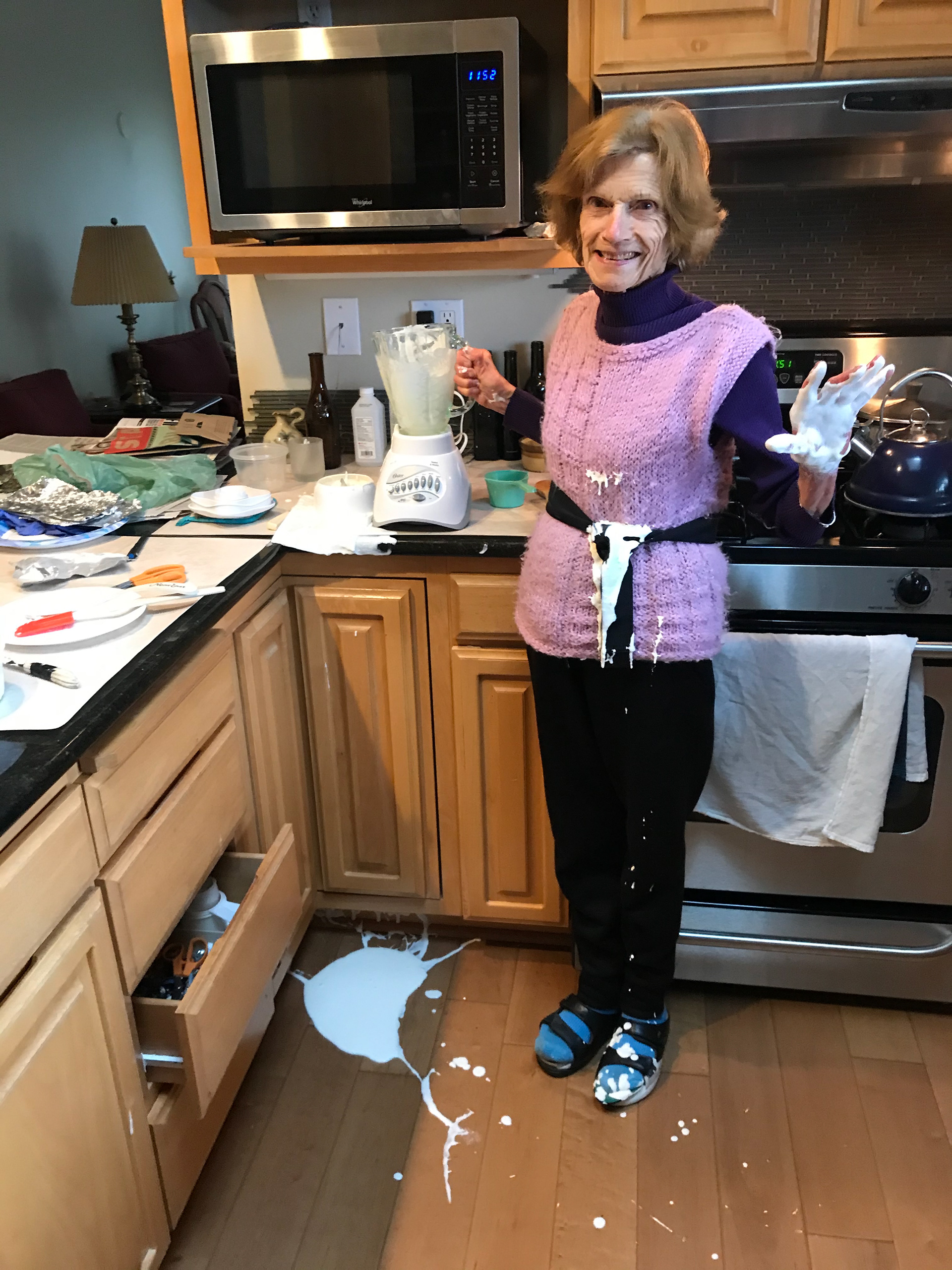Oops, after a blender mishap — laughing through the mess.
