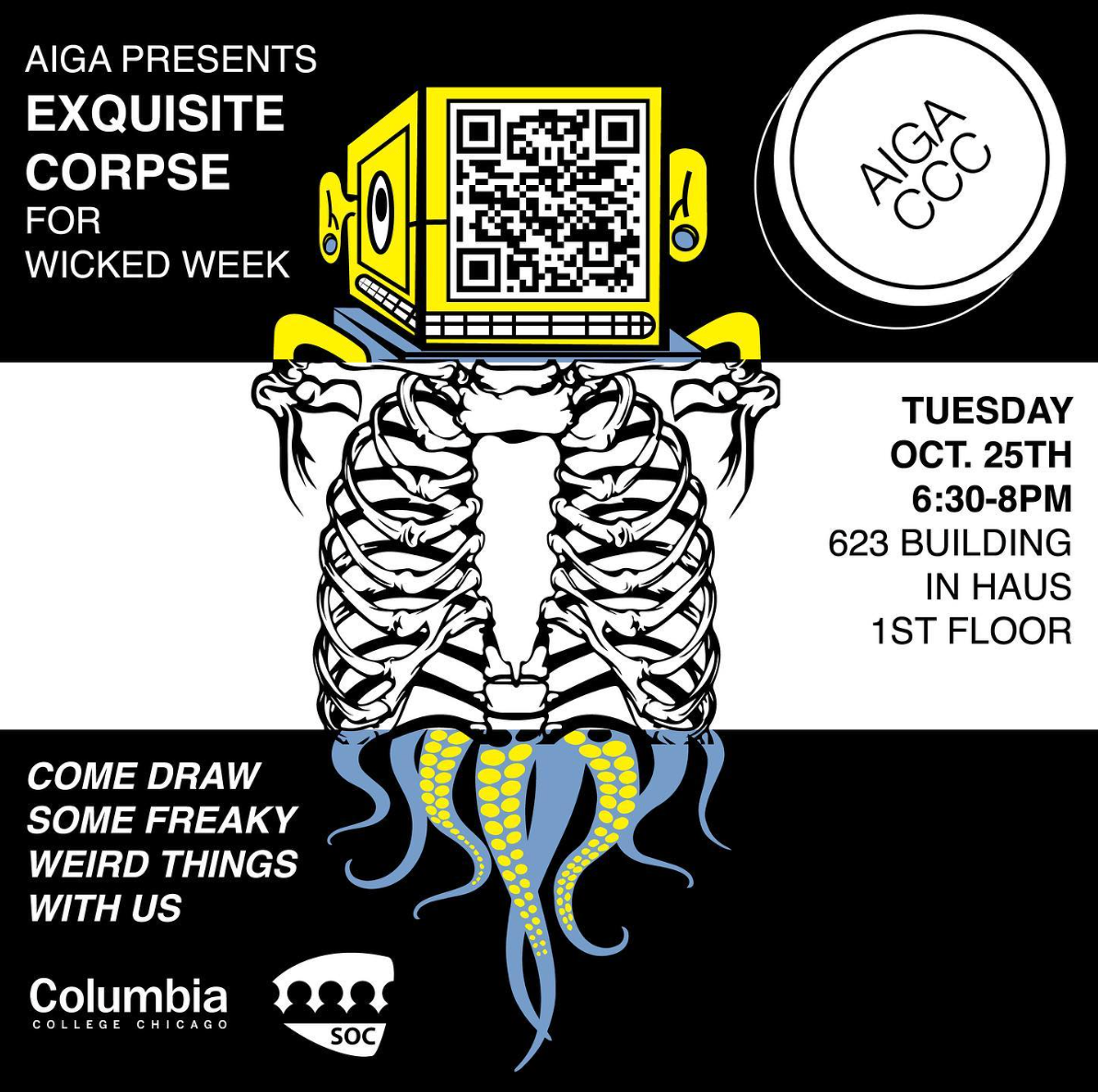 Post I Art Directed. For a Halloween themed meeting I proposed an event where students participated in making large Exquisite Corpses. I directed two of the other Content Creators on the team to compose our own Exquisite Corpse to promote the event.
