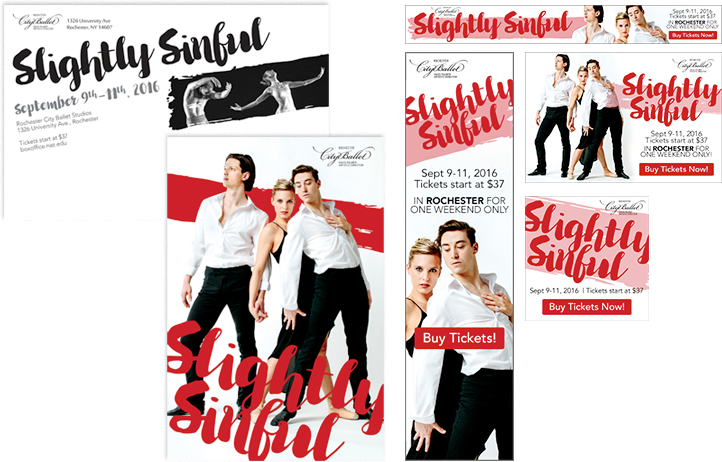 Marketing for Rochester City Ballet: Postcard (left) and multiple online ads