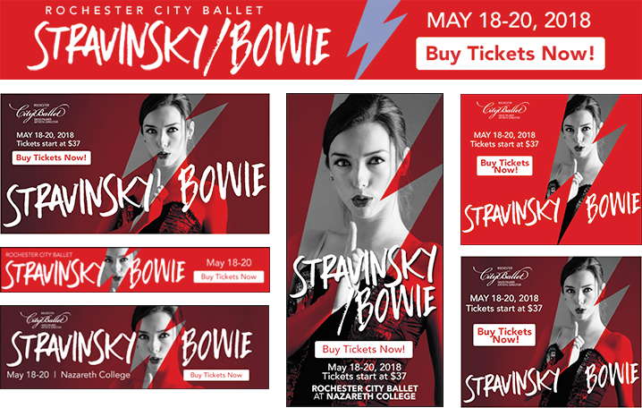Suite of online ads adapted to various sizes for RCB's Stravinksy/Bowie performance.