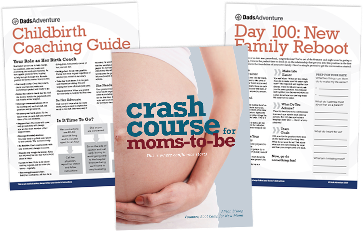 Crash Course for Moms-to-Be book cover (center) and downloads for dads-to-be.