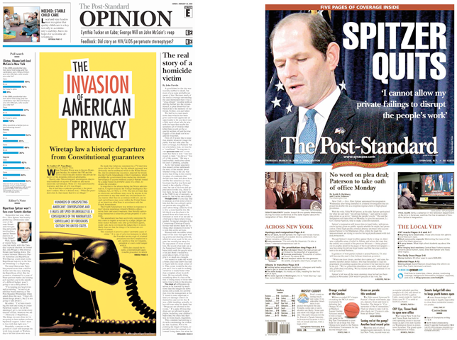 Designed weekly Opinion section centerpiece on deadline. Breaking news story when NY Gov. Spitzer quit after a sex scandal. Society for News Design - Award of Excellence