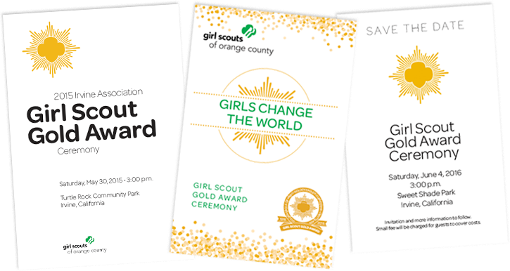 Program covers and save the date for local Girl Scout Service Unit Girl Scout Gold Award ceremony