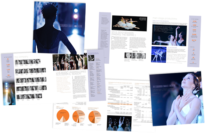 Annual report covers and inside pages for Pittsburgh Ballet Theatre