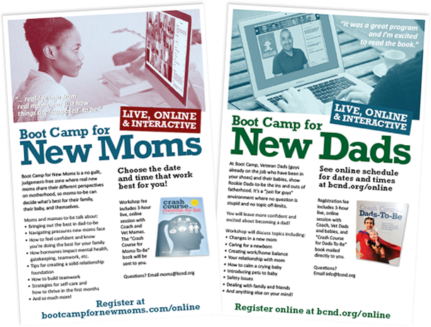 Flyers for Boot Camp for New Moms & Dads online workshops.