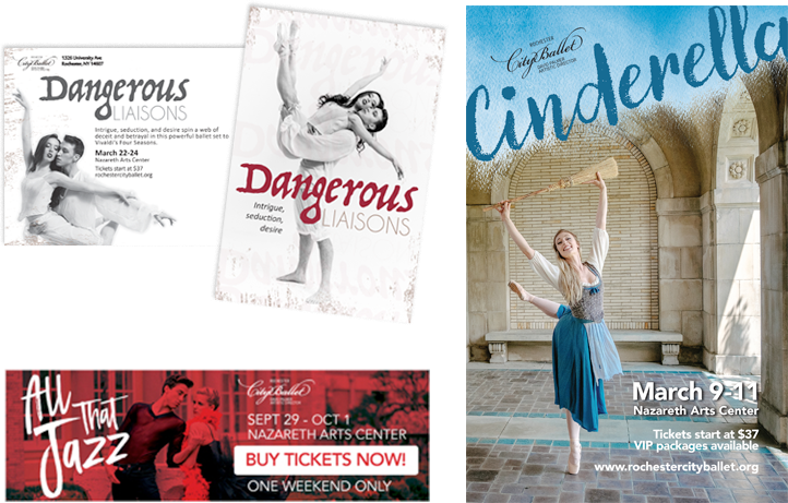 Postcard (top left), poster, and online ad for Rochester City Ballet performances.