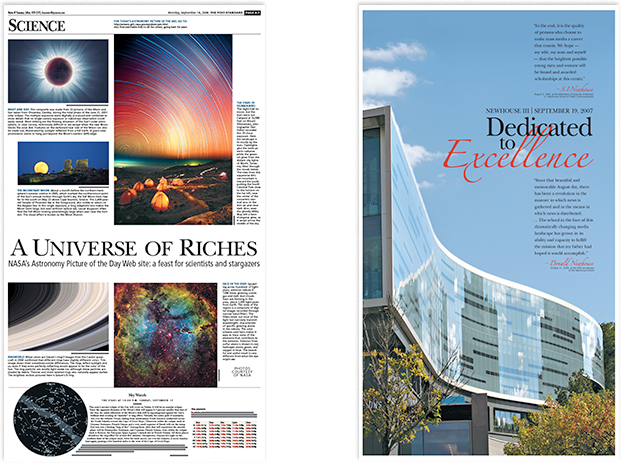 Photo page of astronomy photo of the day images for the weekly Science section. Special section cover for the dedication of Newhouse III building on the Syracuse University campus.