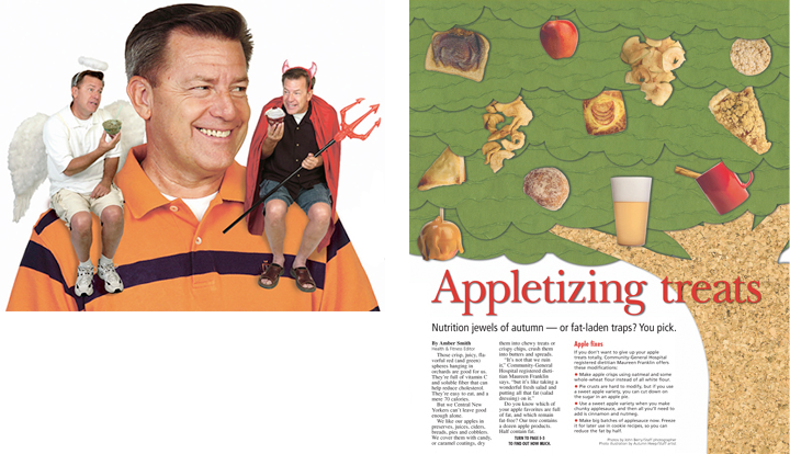 Art directed and created "sinner/saint" photo illustration to accompany a story about eating healthfully or indulging at the NY State Fair. Photo illustration of treats available during apple season.