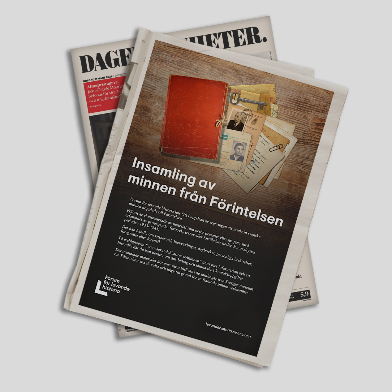 Printannons för insamlingen av minnen från Förintelsen.